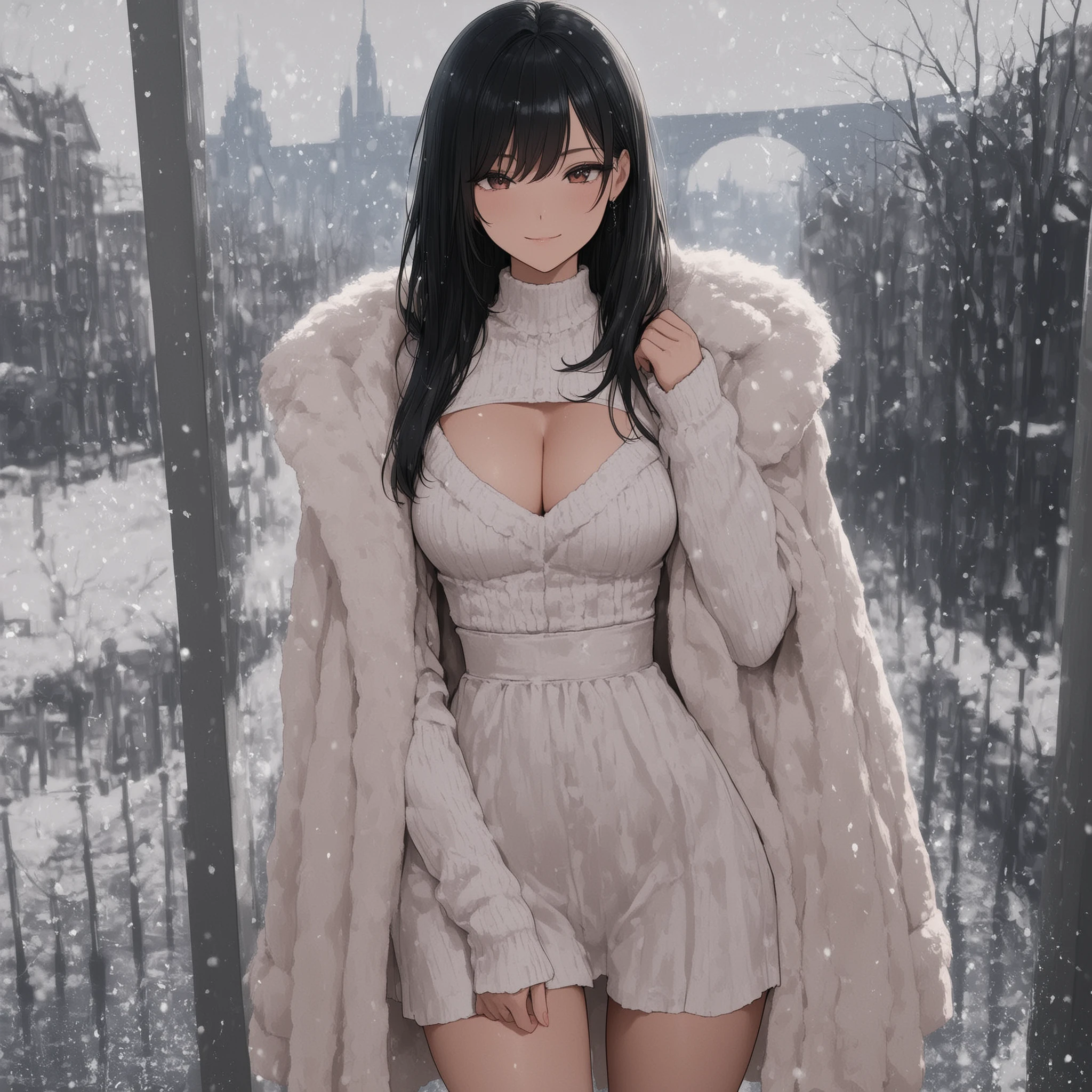 4k,masterpiece, highly detailed, solo, woman, voluptuos body, soft smile, casual winter outfit , snoming twilight city location
