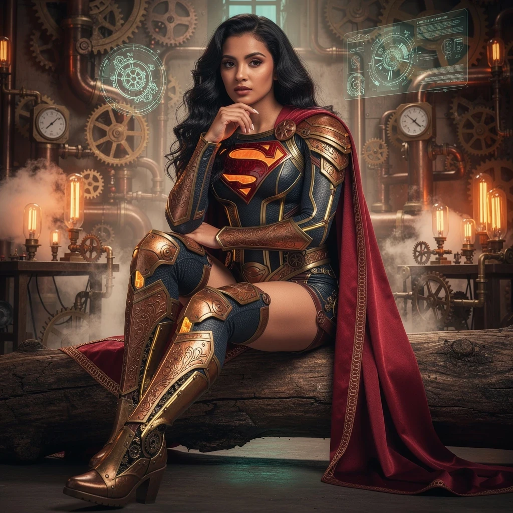 Young sexy Nubian female cybernetic superman, with electronic themed eyes, wearing elegant ornate cybernetic armor, wearing cybernetic boots, with superman symbol, cybernetic skin, surrounded by electronic circuits, cybernetic theme, sexy pose, large breasts
