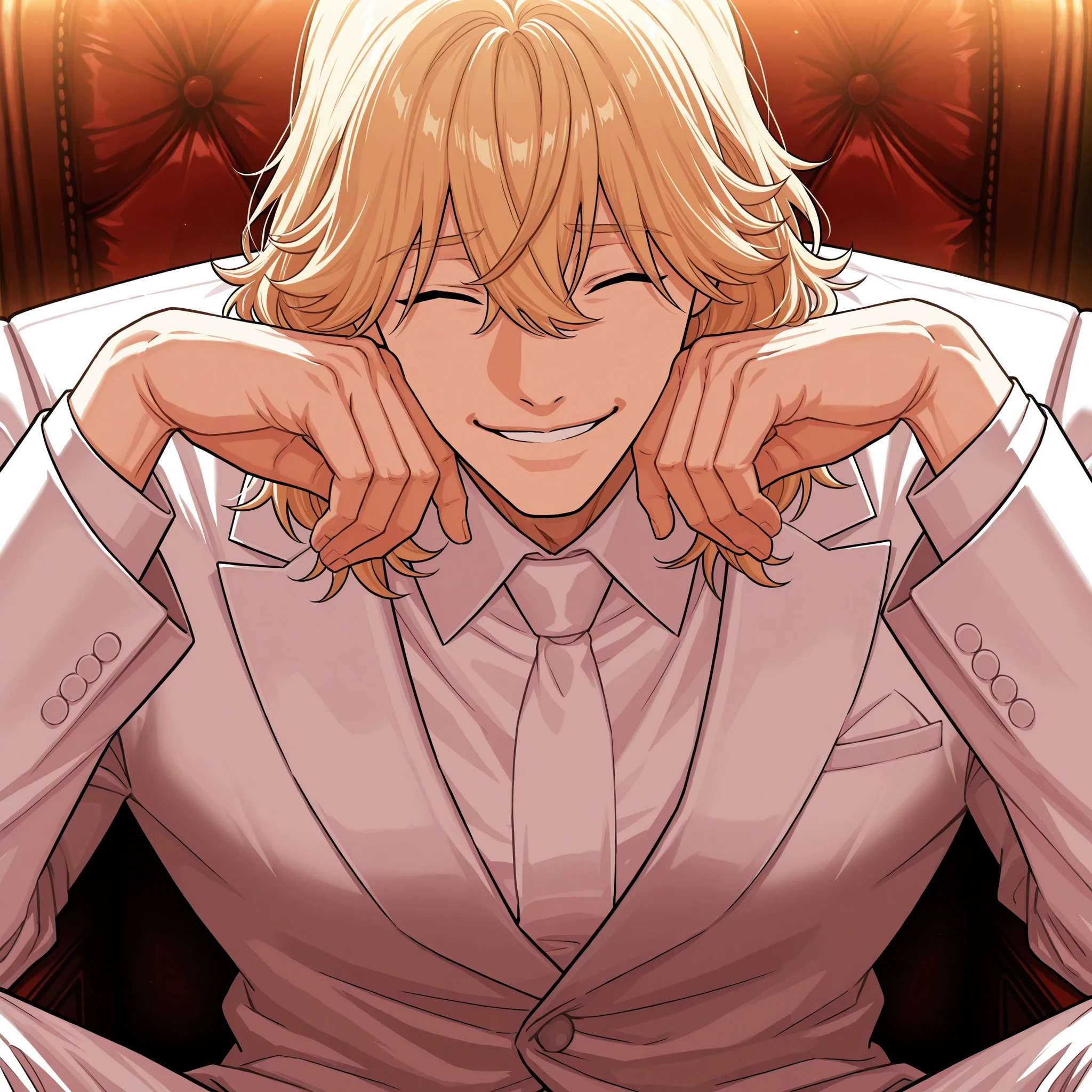 1 male, alone, handsome, muscular, medium hair, blonde hair, bangs between the eyes, happy squinting closed eyes, playful smile, niceful impression, fake, white suit, upper body, looking at viewer, hands up, sitting, boss vibes, mafia scenery, close up, high quality, absolute_cinema