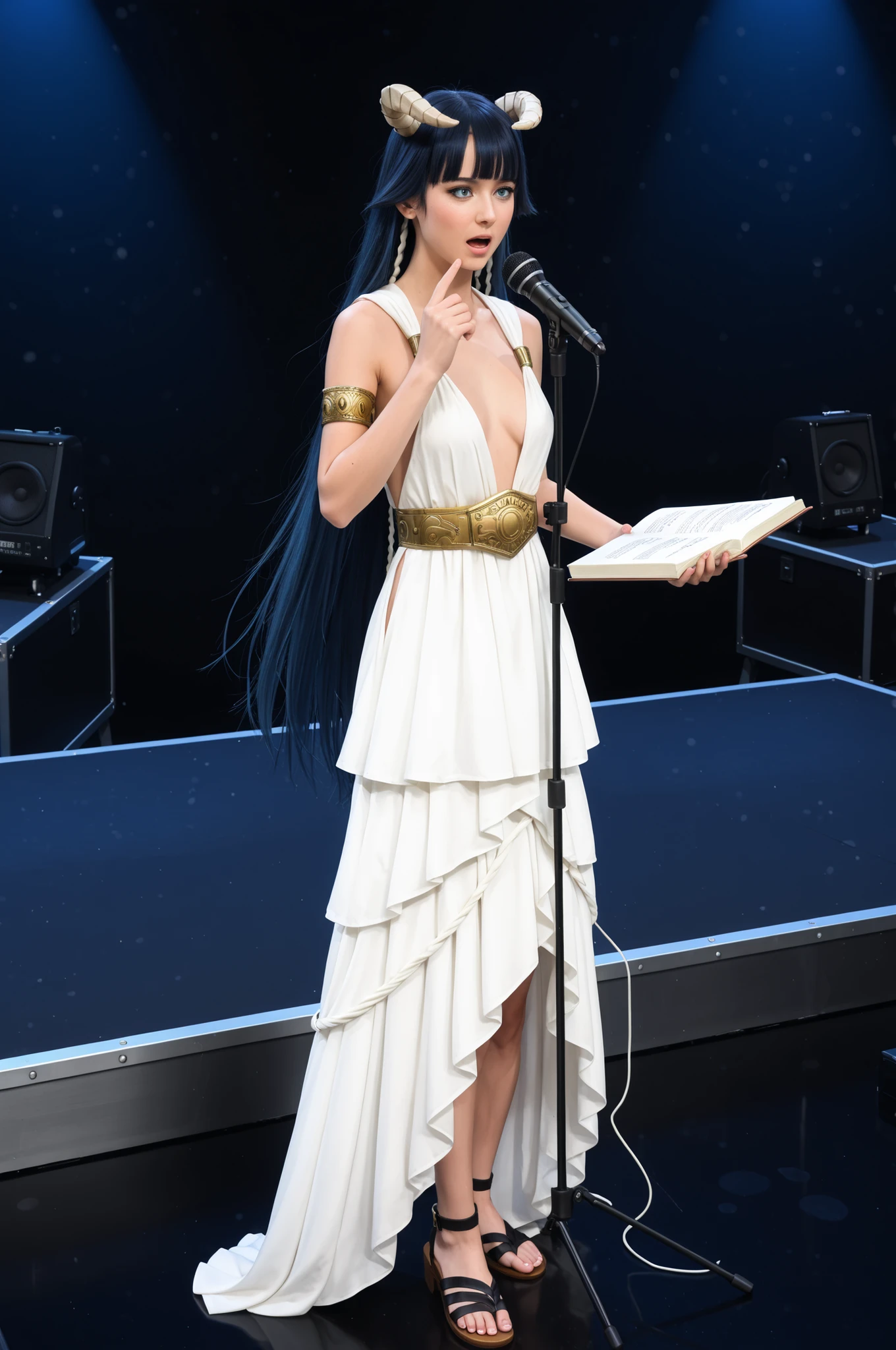 1girl, Saphir Maasa, 150cm, blunt bangs, very long hair, dark blue hair, blue eyes, hair tubes, horns,ancient Greek clothes, small breasts, sleeveless dress, white dress, armlet, belt, sandals, nervous expression, holding a script, standing on a stage with a single microphone stand, in full view in a highly detailed photorealistic style