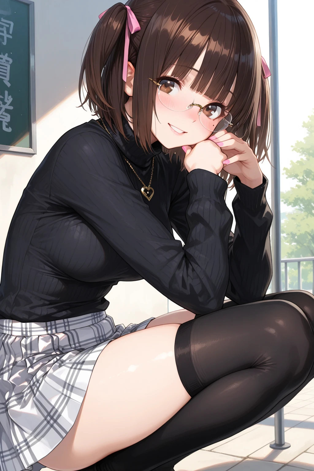 (table top, highest quality, High resolution, , perfect pixel, 4k,), 1 girl, single, alone, Beautiful woman、I could see the whole body、 ((wavy mid-length hair, bangs, brown hair)), ((brown eyes, beautiful eyelashes, realistic eyes)), ((detailed face, blush:1.2)), ((smooth texture:0.75, realistic texture:0.65, realistic:1.1, Anime CG style)), medium breasts, dynamic angle, perfect body, ((, female teacher, , earrings、necklace、turtleneck sweater、、black knee high stockings、pleated skirt、((open both ))、、shy smile、sit at the podium in the classroom、emphasize the chest)), Upper grade、、、evening、、(You can see the white and pink lace 、、Lift up your skirt and show your 、(、)、angle from below)、