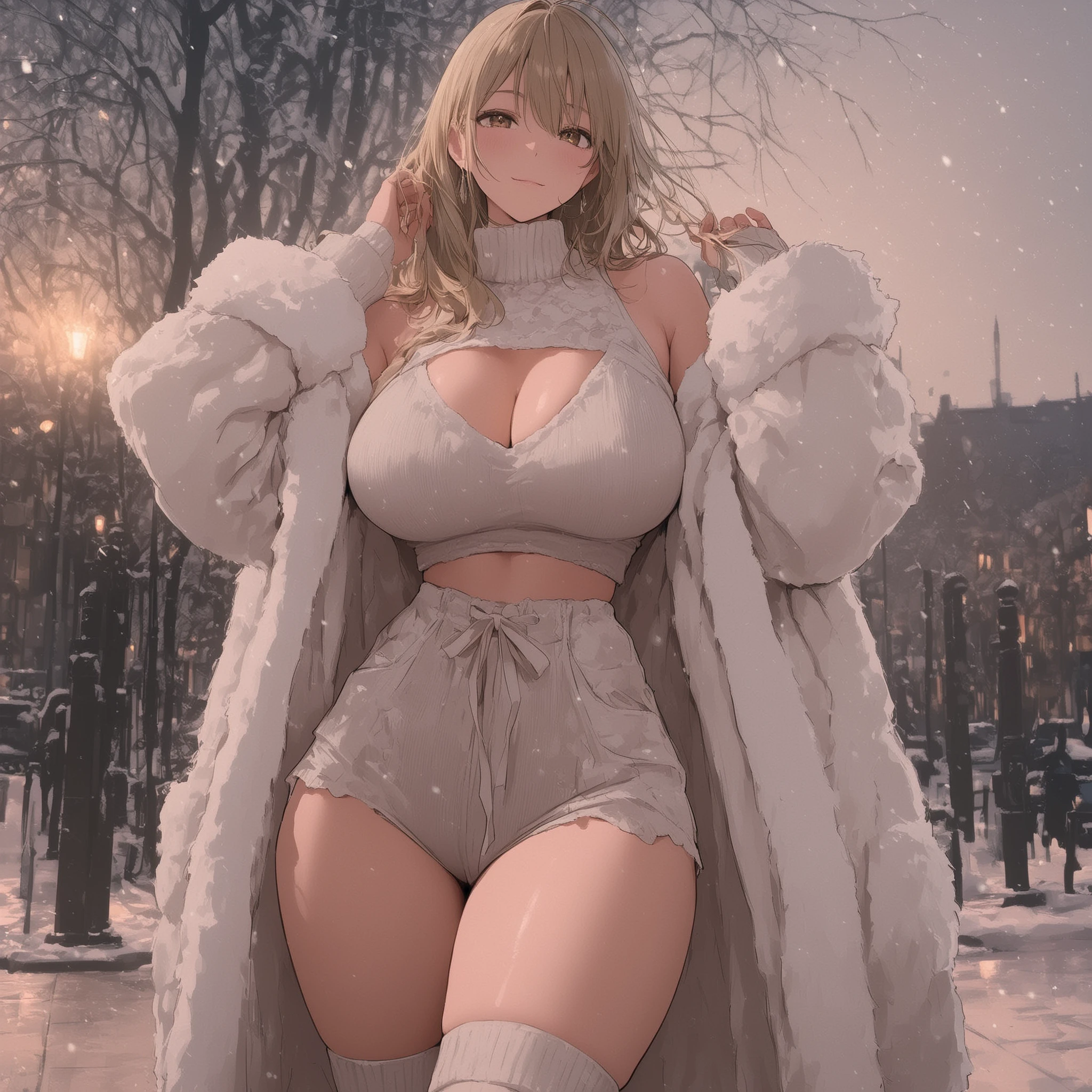 4k,masterpiece, highly detailed, solo, woman, voluptuos body, soft smile, casual winter outfit , snoming twilight city location