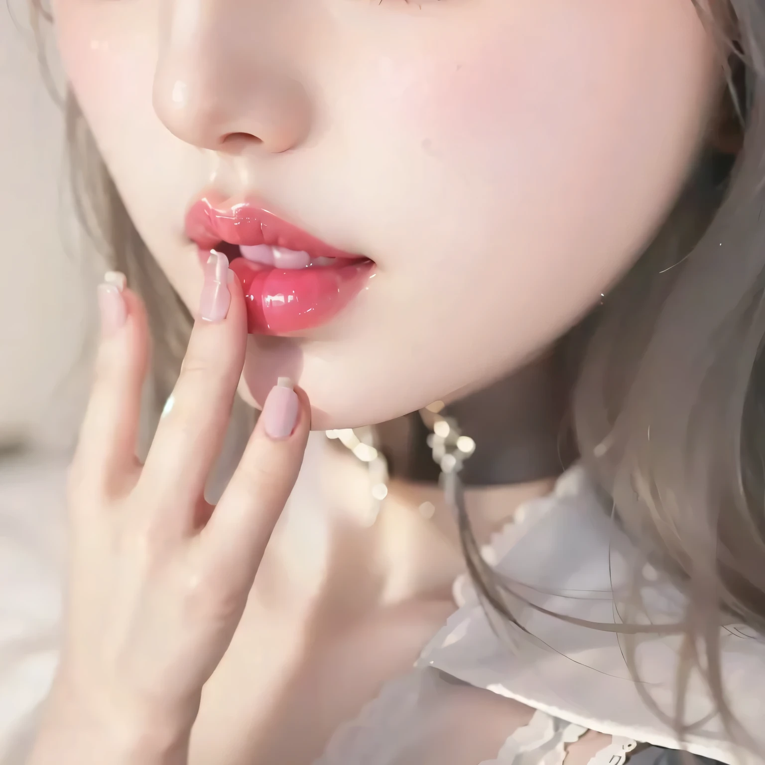 beautiful girl's face with delicate doll-like features, big mesmerizing wide eyes, flawless glowing fair skin, and an innocent, soft expression. Her look should be enchanting, pure, and ethereal, almost like a living porcelain doll.
