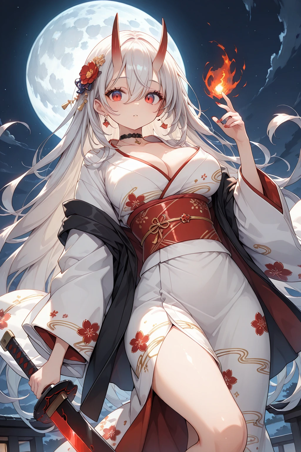 Kitsune girl,geisha dress theme sun&moon , traditional japanese , long white hair,silver fox ears, have kitsune tail, beautiful woman, silver eyes, elegant