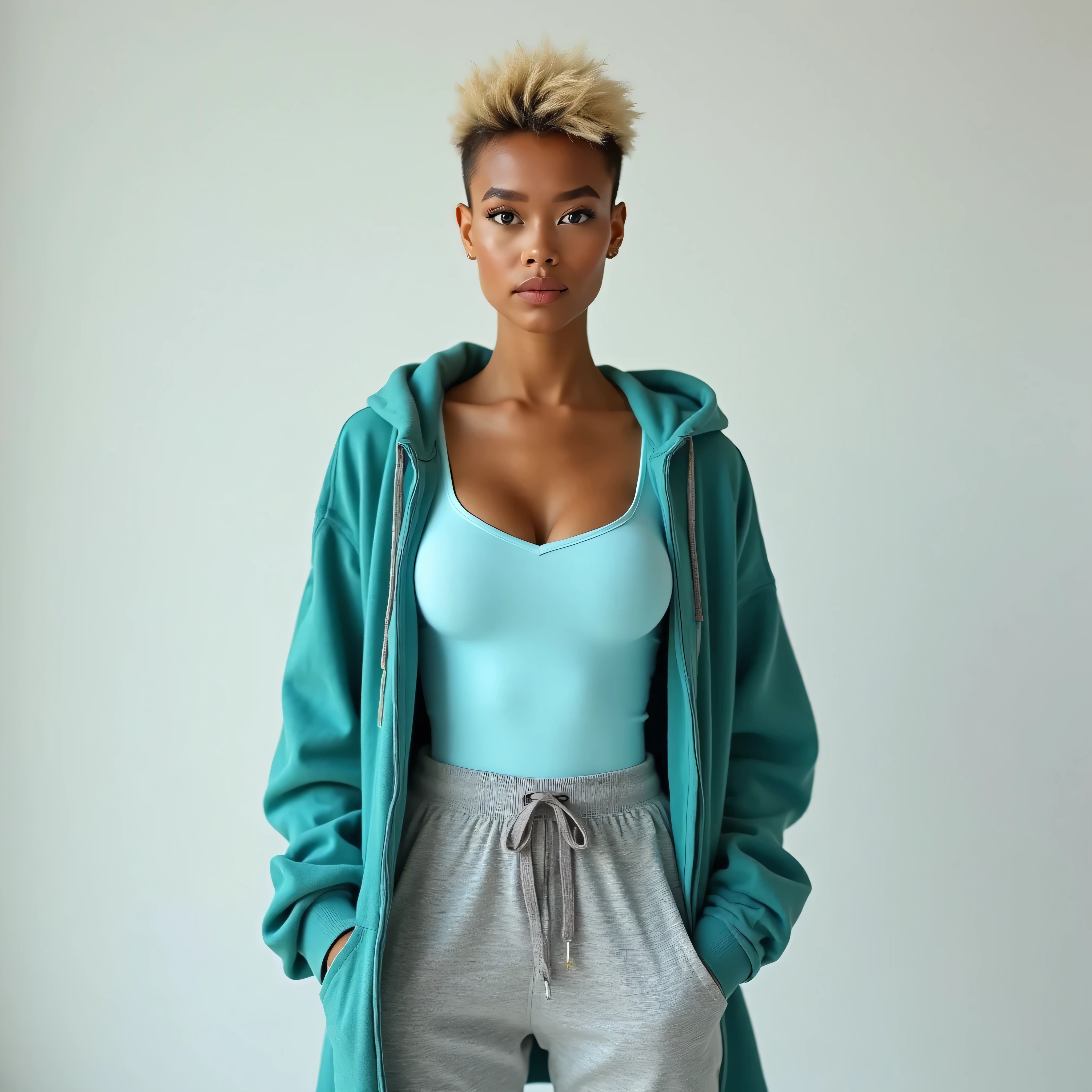 A realistic, high resolution photograph of a tall beautiful mulatto woman in her 20's; full body frontal view facing the camera with her arms at her side, looking at the camera. There is extra space in the photo above her head. She has a lithe, athletic, fashion model figure featuring medium rounded pushed up breasts, large hips, and a slim waist. She has very short, very straight light brown hair with blonde tips in a spiky pixie cut. She has a perfect, heart shaped face, thin lips, a small nose, a short, bull neck, and ears that lay close to her skull. She has blue eyes and a latte complexion. Her lips are closed and she has a amused smirk. She is wearing a sky blue scoop neck t-shirt, grey sweatpants, and an open sea green hoodie. Her breasts are well defined beneath the clothing and you can see some cleavage. There is no one else in the photo. There is extra space above the subject’s head and centered composition — suitable for magazine-style layout or cinematic framing. 