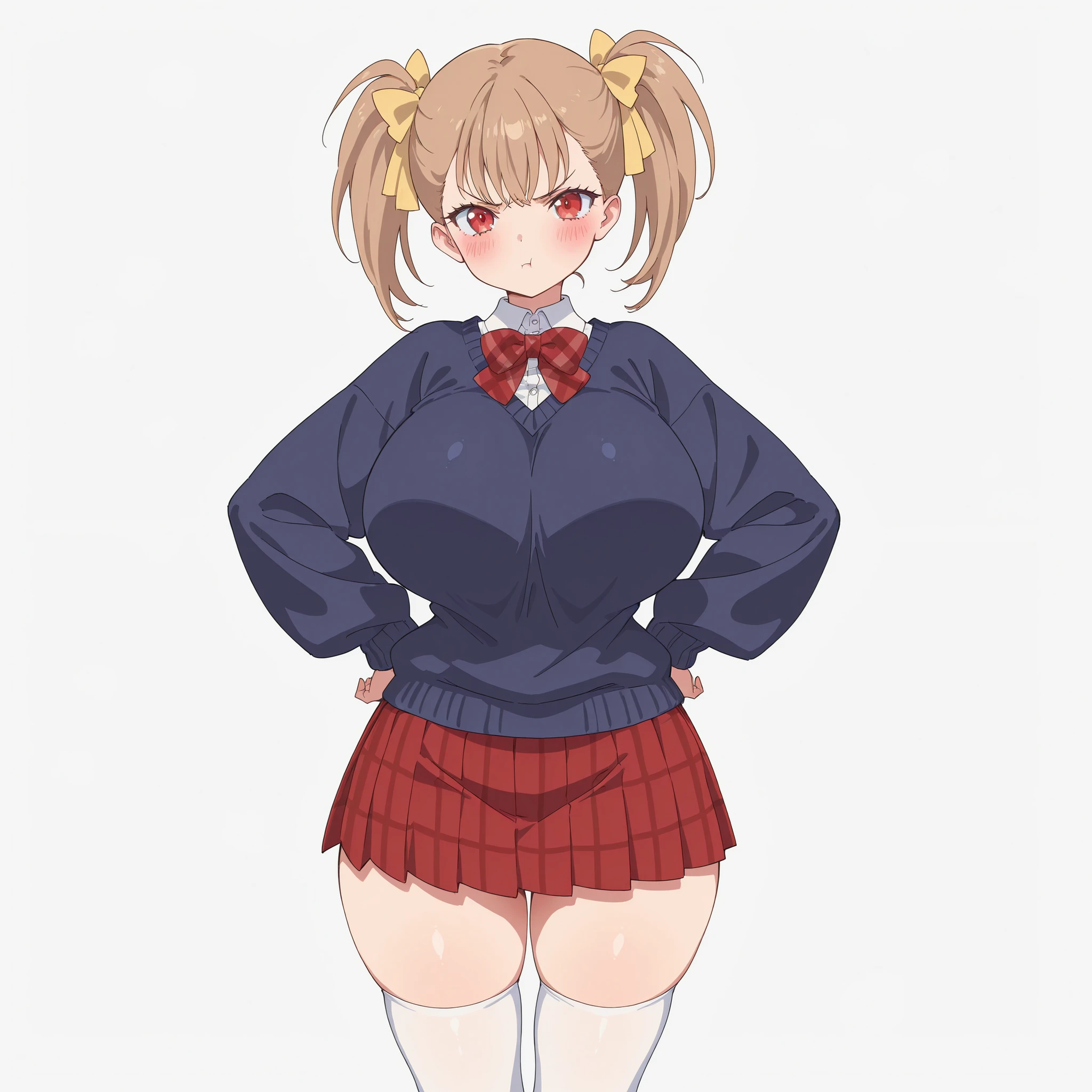 masterpiece, ultra-HD, impressionism, high detail, best quality, very aesthetic, 8K, best quality, beautiful, ultra-high resolution, 32K UHD, sharp focus, 1girl, solo, Rumi, light brown hair, twin pigtails, middle bangs, hair ribbons, yellow ribbons, red eyes, eyelashes, , narrow waist, wide , thick thighs, shapely legs, slim, white buttoned shirt, shirt collar, navy blue sweater, red plaid bowtie, red plaid pleated skirt, white thigh high socks, blush, pout, angry, cute, hand on , standing, looking at the viewer, simple background, front view