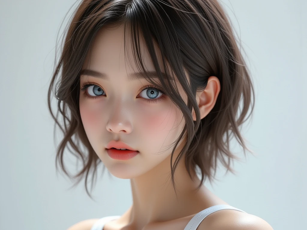 8K uhd、RAWphotograph、モデルphotograph撮影、 European race、(masterpiece、highest quality、Photorealistic、High resolution、photograph:1.3)、Close-up、Focusing、Hot Model、slim、30 year old mature woman、Small face、No makeup、Short Hair、Dark Brown Hair、Fine beautiful eyes、Real Skin、(perfect body)、Detailed beautiful eyes、Glossy lips、Small 、Small 、 B cup、Realistic details、Cool beauty、Cool pose、Background gray、Plain grey background、