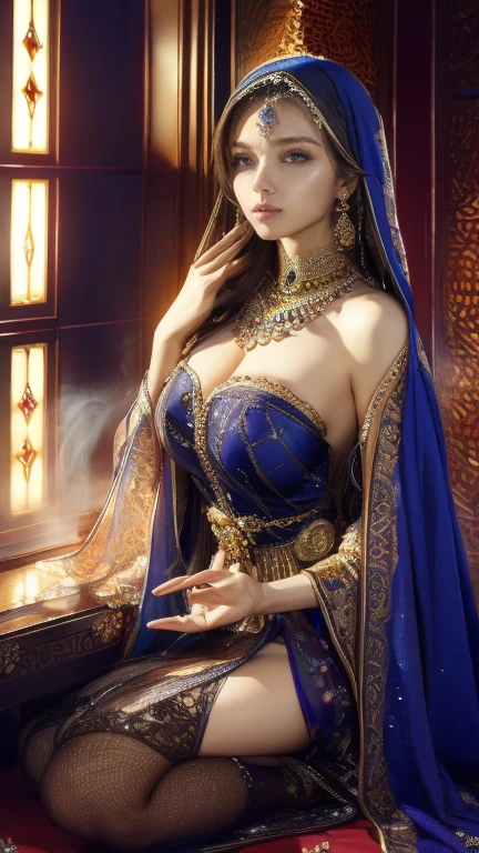 beautiful young woman wearing a sexy hijab, intricate patterns, flowing fabric, elegant pose, captivating gaze, 4k, ultra-detailed,photorealistic,vivid colors,dramatic lighting,cinematic atmosphere,visually stunning, concept art,digital painting