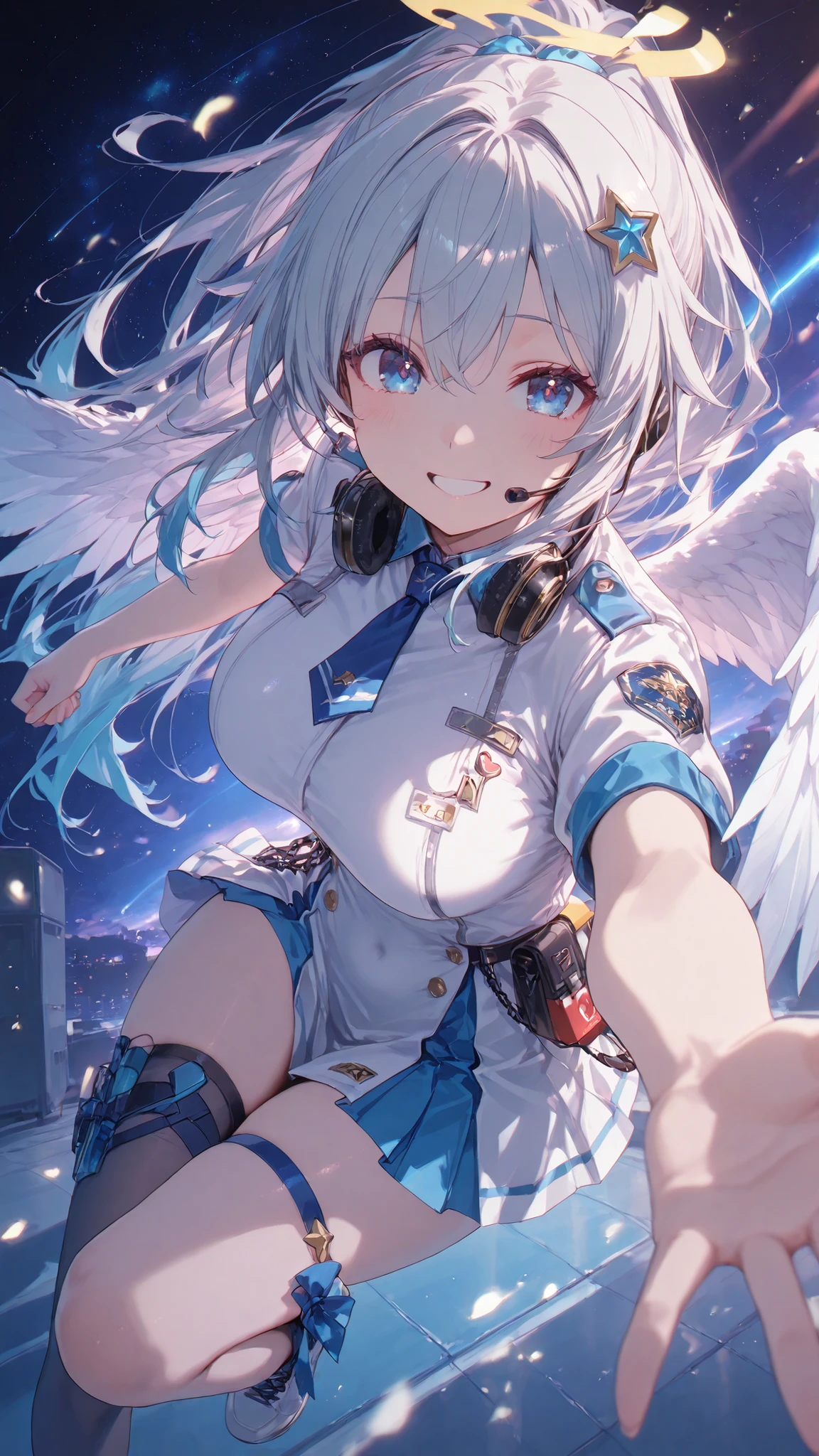 Ultra High Definition,ultra detail,Rookie VTuber ,gray ponytail hair,Angelic,angel wings,Clear, big blue eyes and soft redness on the cheeks,A smile that conveys emotion,Uniform-style costume and headset,Dynamic streaming style,background effects that change with sound,Delivery equipment ,first time々Shikumo's passionate performance,star and heart effects scattered in virtual space