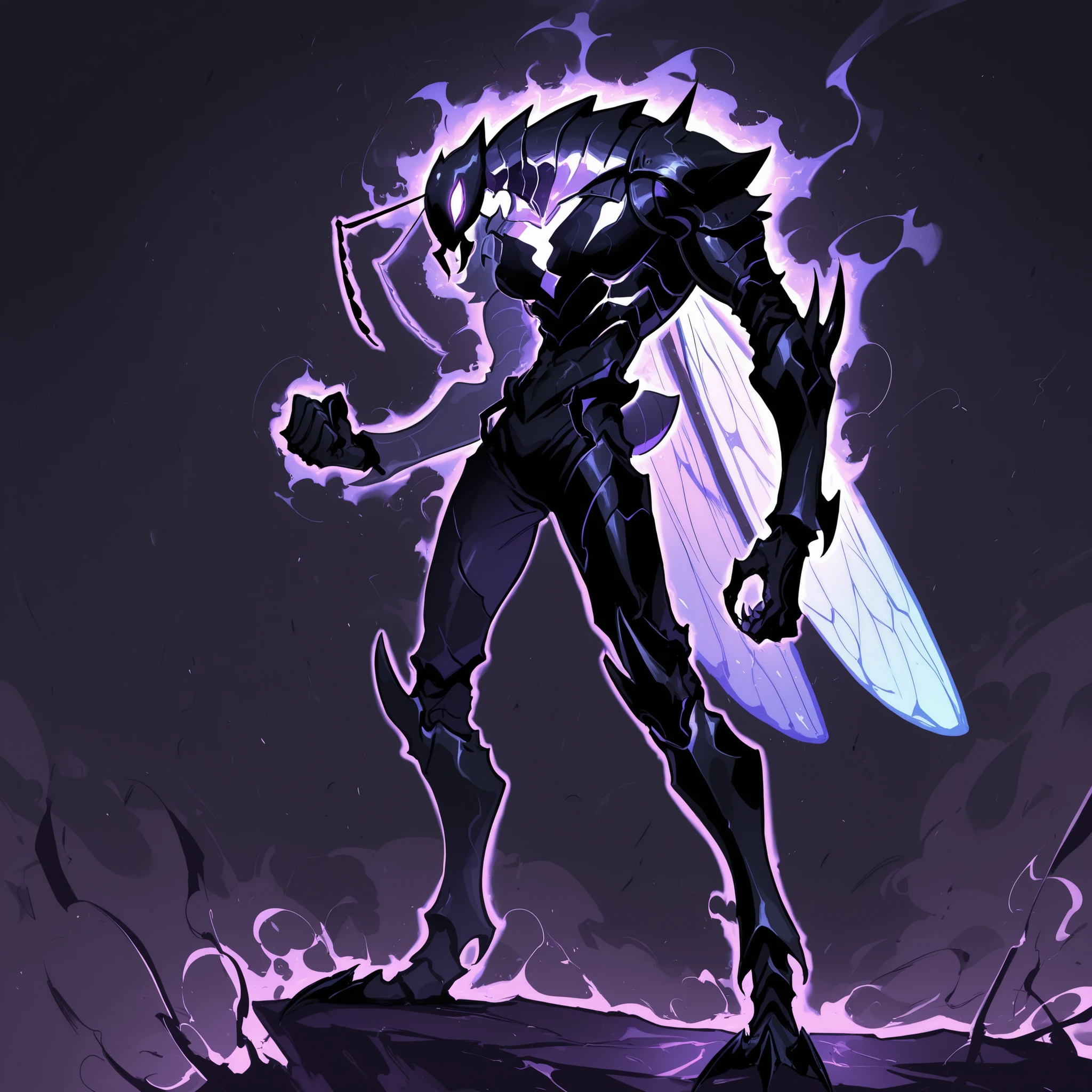 masterpiece, ultra-HD, impressionism, high detail, best quality, very aesthetic, 8K, best quality, beautiful, ultra-high resolution, 32K UHD, sharp focus, 1man, solo, akb, male, anthro insect, glowing purple eyes, antennae, insect wings, insect abdomen, ant abdomen, muscular, toned, defined, black skin, mandibles, ant mandibles, exoskeleton, armor, claws, glowing aura, serious, raised fist, standing, full body, looking at the viewer, simple background, profile view