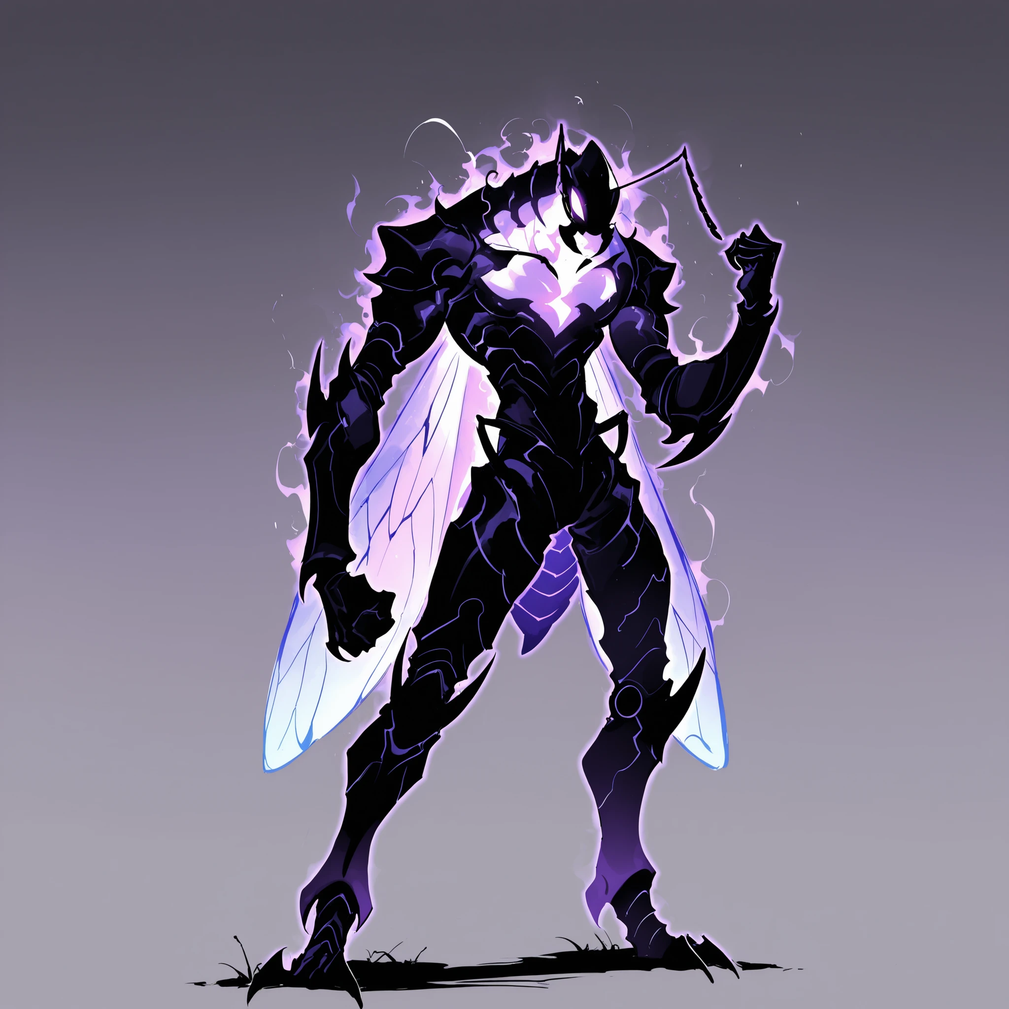 masterpiece, ultra-HD, impressionism, high detail, best quality, very aesthetic, 8K, best quality, beautiful, ultra-high resolution, 32K UHD, sharp focus, 1man, solo, akb, male, anthro insect, glowing purple eyes, antennae, insect wings, insect abdomen, ant abdomen, muscular, toned, defined, black skin, mandibles, ant mandibles, exoskeleton, armor, claws, glowing aura, serious, raised fist, standing, full body, looking at the viewer, simple background, profile view