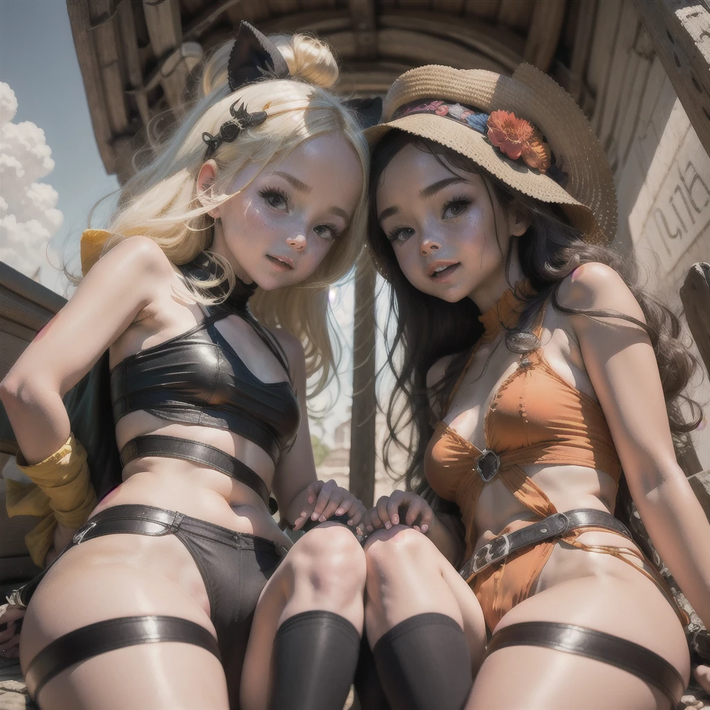 (bottom) (back) Two beautiful Russian girls bent their booty back, you can see the ????, narrow ???, beautiful ????????, Ultra-Realistic beauty, legs in different directions, no panties, long hair, piquant pose, easy smile, jewelry, flower in hair, stockings, background, VLOP and sakimichan, Ross tran 8 k, maximum detail of ????????, maximum detail of the ?????, maximum detail of the face, realistic eyes, realistic nose, realistic smile,  Ultra Detail