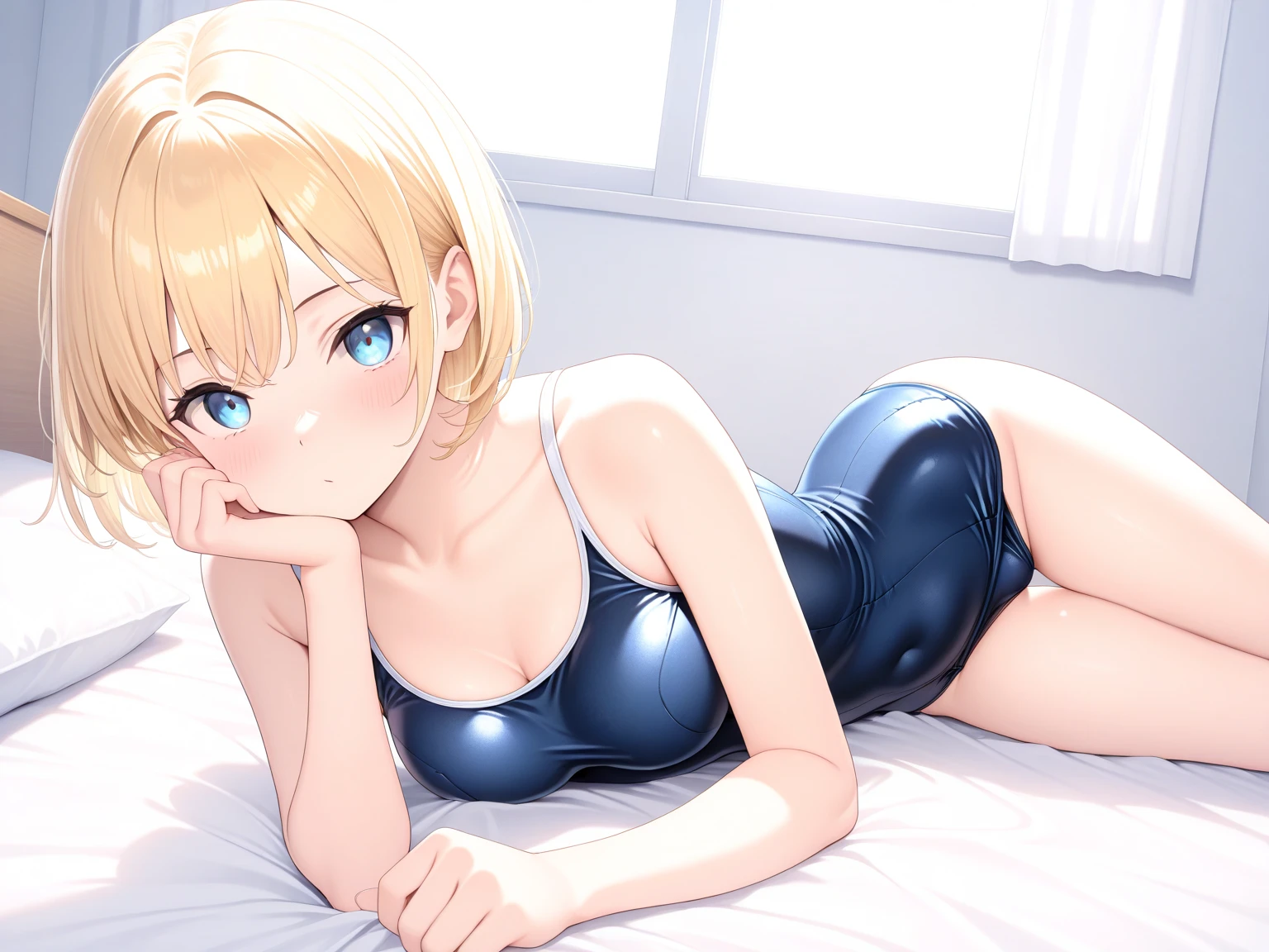 (nfw:1.5),blush,Purple T-back,Blonde Hair, Saggy eyes, Thick thighs, What an idiot, Lie in, bed, , Spread your legs, Show your armpits,