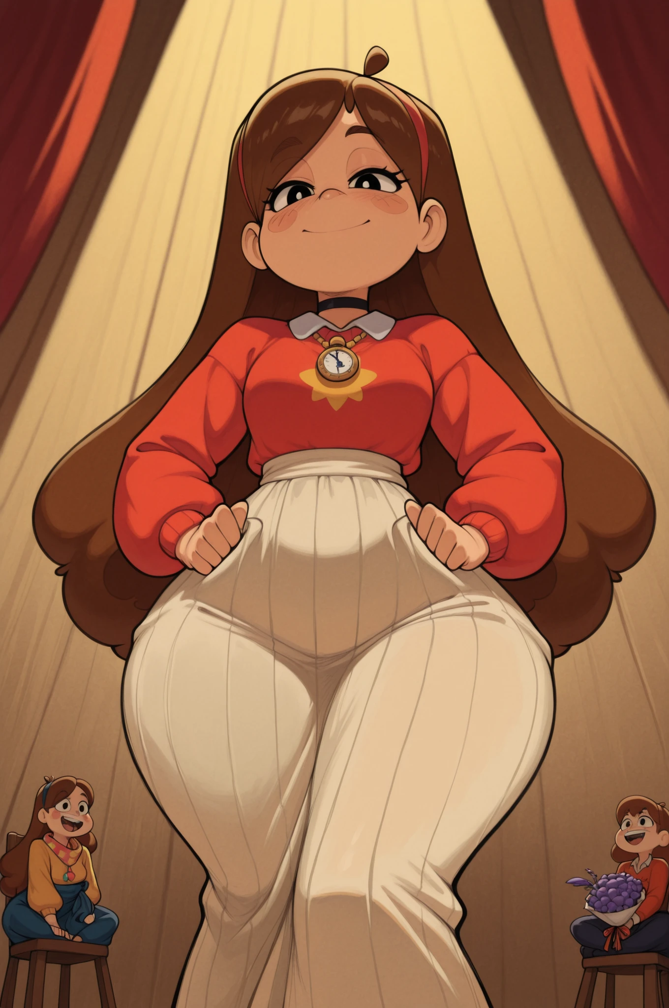 Mabel Pines, blush stickers, brown hair. black eyes. half-closed eyes, small breasts, huge hips. long eyelashes, choker. | «Audition as…» — theatrical scene in a 19th‑century Northern France setting. On stage, under warm spotlight beams, two performers in contrasting costumes: one in a voluminous, lace‑trimmed period gown with a corseted waist, the other in a cozy knitted sweater layered over a high‑collared blouse, with a long, patterned scarf draped loosely.
Stage details:
ornate wooden proscenium arch with gilded accents;
vintage footlights casting a golden glow;
a worn director’s chair labeled «Auditions — 1872»;
scattered props — an old script, a feather quill, a pocket watch, and a bouquet of dried lavender;
sheer curtains backstage, slightly parted to reveal a painted countryside backdrop.
Atmosphere: a playful tension between historical authenticity and modern performance — as if these characters stepped out of different eras for a shared audition. The performers’s expressions blend focused determination with subtle humor.
Color palette: muted earth tones (ochre, taupe, olive) accented by deep burgundy and cream lace.
Style: photorealistic with a touch of period drama, 8K resolution. Crisp textures — lace filigree, wool weave, aged wood, and satin ribbons.
Composition: medium two‑shot from a low angle, emphasizing the performers and the stage’s grandeur. Shallow depth of field blurs the backstage details, keeping focus on the audition moment.
PG‑13 tone: lighthearted and whimsical, celebrating theatrical imagination — no conflict, just the joy of performance and costume.
Mood: where history meets the present, and every audition becomes a tiny time‑traveling adventure.
