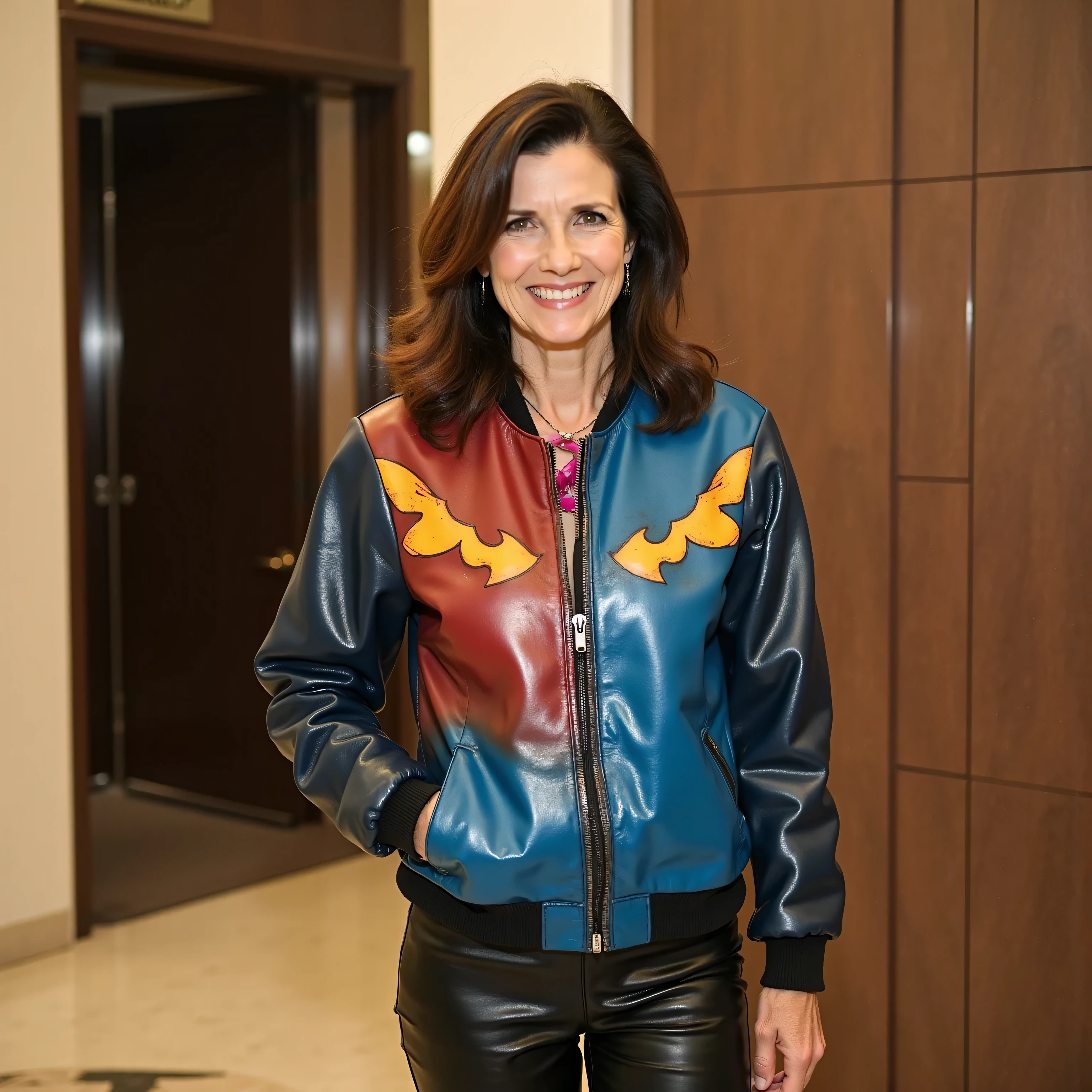 A 1960s leather bomber jacket is worn by a 52 year old woman, the jacket is painted leather with a design inspired by Warhol, The jacket is predominantly blue and red hues with yellow accents, the woman wears black leather pants, the woman is in a high end hotel lobby