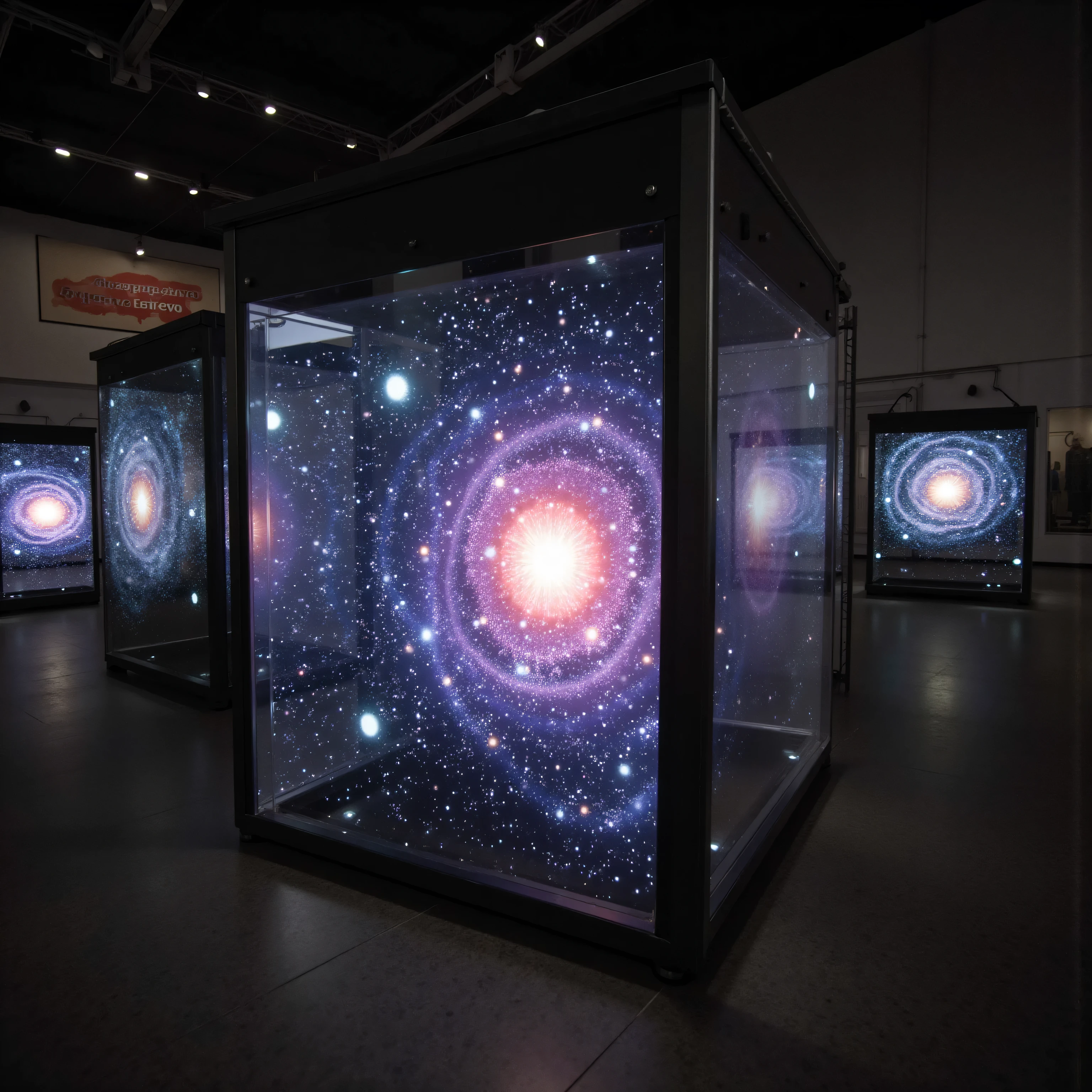 A radiant sparkling galaxy enclosed inside of a glass cube in a large room containing other glass cubes that have unique galaxies enclosed within, a sign on the wall “INTERGALACTIC RESERVES”