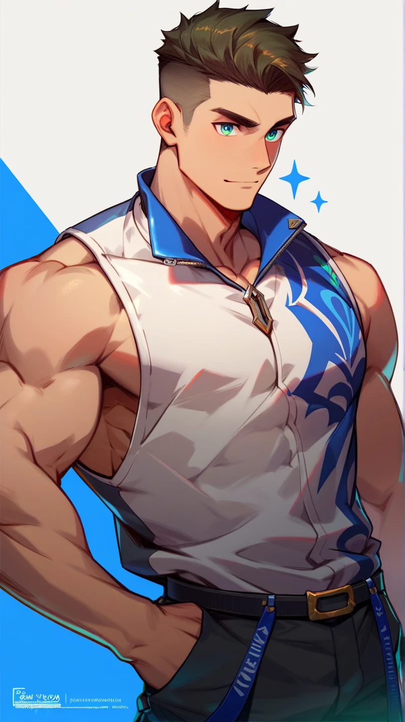 A muscular man wearing a red, yellow, blue and white fitness outfit，Cool hairstyle