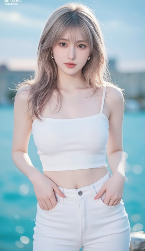 1girl, (Blue eyes), (Smile), (Sana Minatozaki), wide hips, Big , big ass, (Best Quality, 8k, Masterpiece: 1.3), perfect hands, Clear Focus: 1.2, Perfect Body Beauty: 1.4 , Slender Abs: 1.2, Highly detailed face and skin texture, detailed eyes, double eyelids, (blonde long hair), (white sleeveless), (black leggings), standing under a tree, on a mountain, landscape in the background