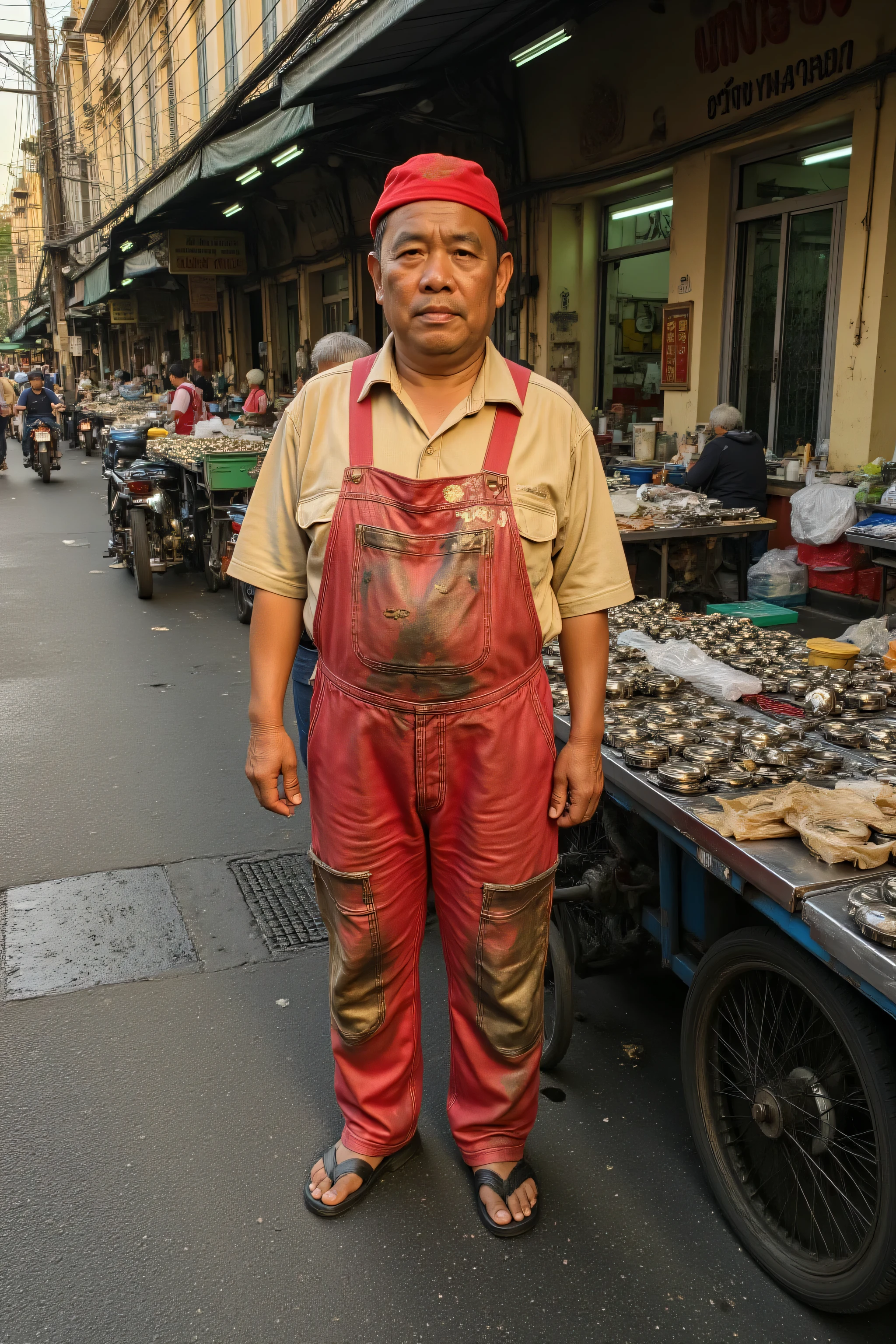 A mechanic wearing grease and oil stained ToytTRDMechsCvrlls that are red and beige, the man is standing in the Yaowarat market street, the man is near a street vendor of automotive parts, the man is 74 years old Asian and moderately obese, it is sunset