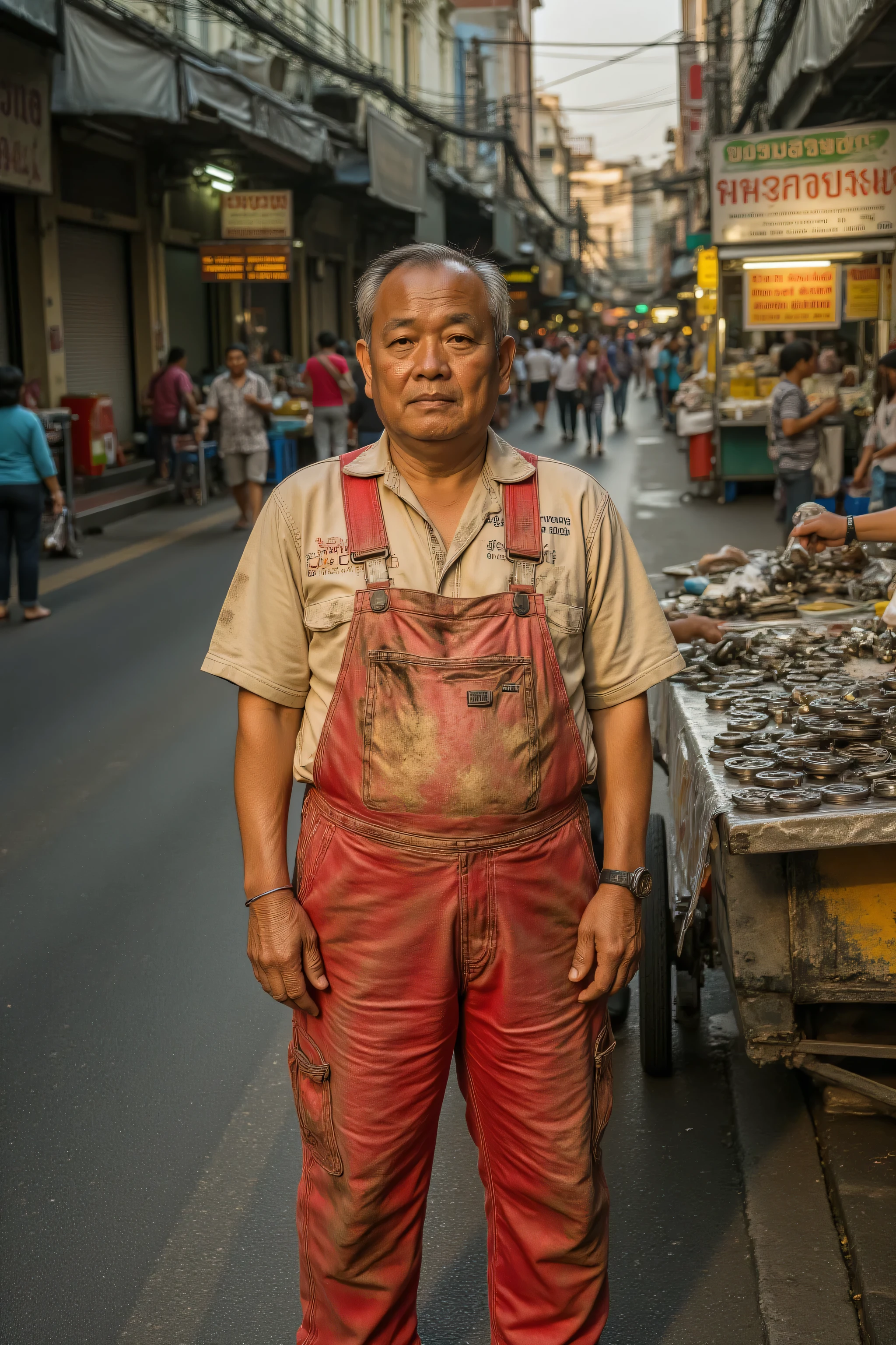 A mechanic wearing grease and oil stained ToytTRDMechsCvrlls that are red and beige, the man is standing in the Yaowarat market street, the man is near a street vendor of automotive parts, the man is 74 years old Asian and moderately obese, it is sunset