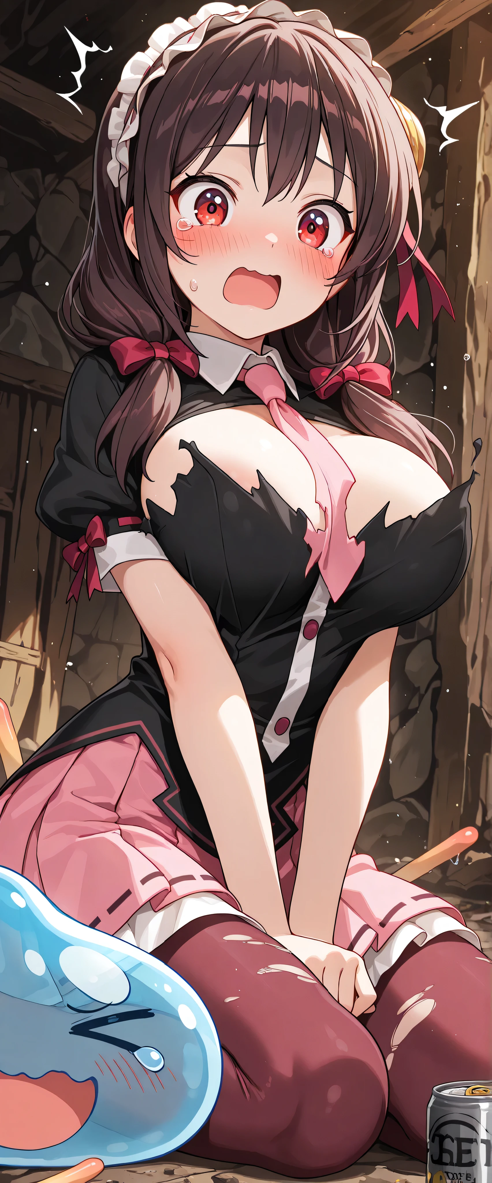 (((masterpiece)))、((top quality))、(very detailed)、(CG illustration )、(very beautiful woman))、,blush,TV face,(((,viewers look forward,viewers look forward))),((cave)) cinematic lighting 、((1 woman))、((((Clothes Melt,can tear clothes)))),,skinny,, ((surprise when they open their mouths,is in a hurry,A large amount of slime sticks to the body,Clothes Melt,can take off clothes)) ,(Yunyun),big boobs,