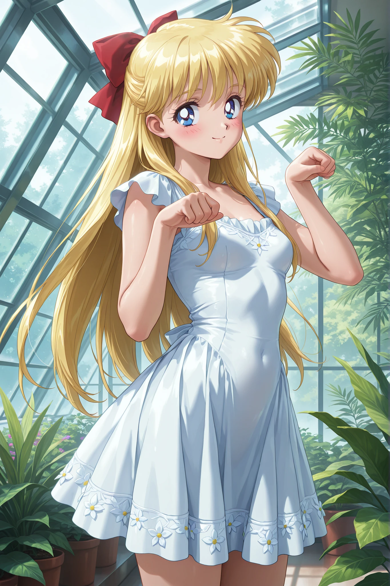 masterpiece, amazing quality, best quality, ultra-detailed, 8K, illustration, clear skin, ultra-detailed-eyes, soft skin, very awa, very as2, soft body, 1990s \(style\), official art, ainominako, blonde hair, blue eyes, hair bow, half updo, long hair, small breasts,, solo, looking at viewer, white floral dress, amane himeno photoshoot, solo, looking at viewer, blush, smile, closed mouth, standing, cowboy shot, paw pose,, conservatory, plants, glass_roof, sunlight, greenery, cowboy shot,