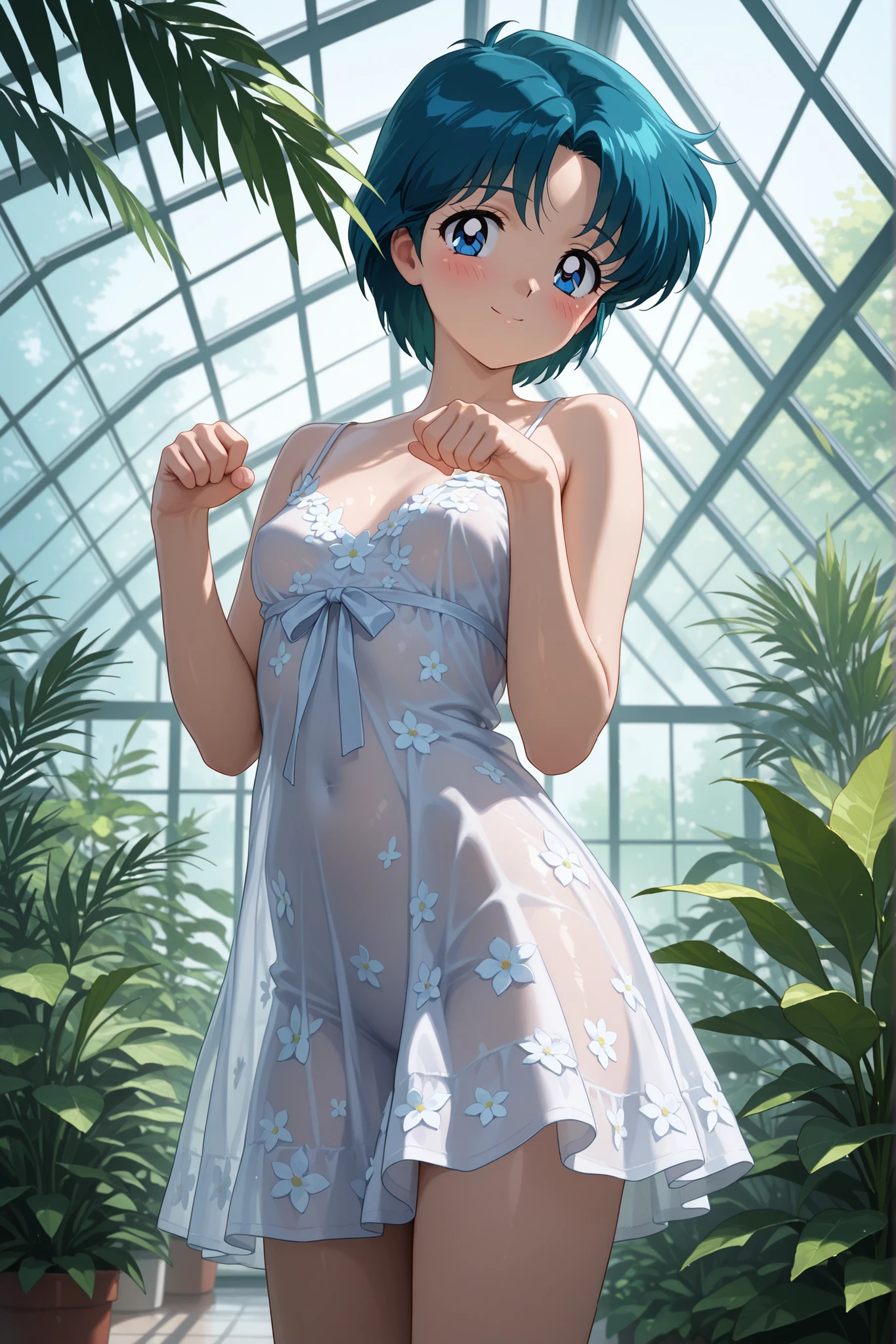 masterpiece, amazing quality, best quality, ultra-detailed, 8K, illustration, clear skin, ultra-detailed-eyes, soft skin, very awa, very as2, soft body, 1990s \(style\), official art, ami mizuno, blue eyes, blue hair, short hair, parted bangs, small breasts,, solo, looking at viewer, white floral dress,  solo, looking at viewer, blush, smile, closed mouth, standing, cowboy shot, paw pose,, conservatory, plants, glass_roof, sunlight, greenery, cowboy shot, 