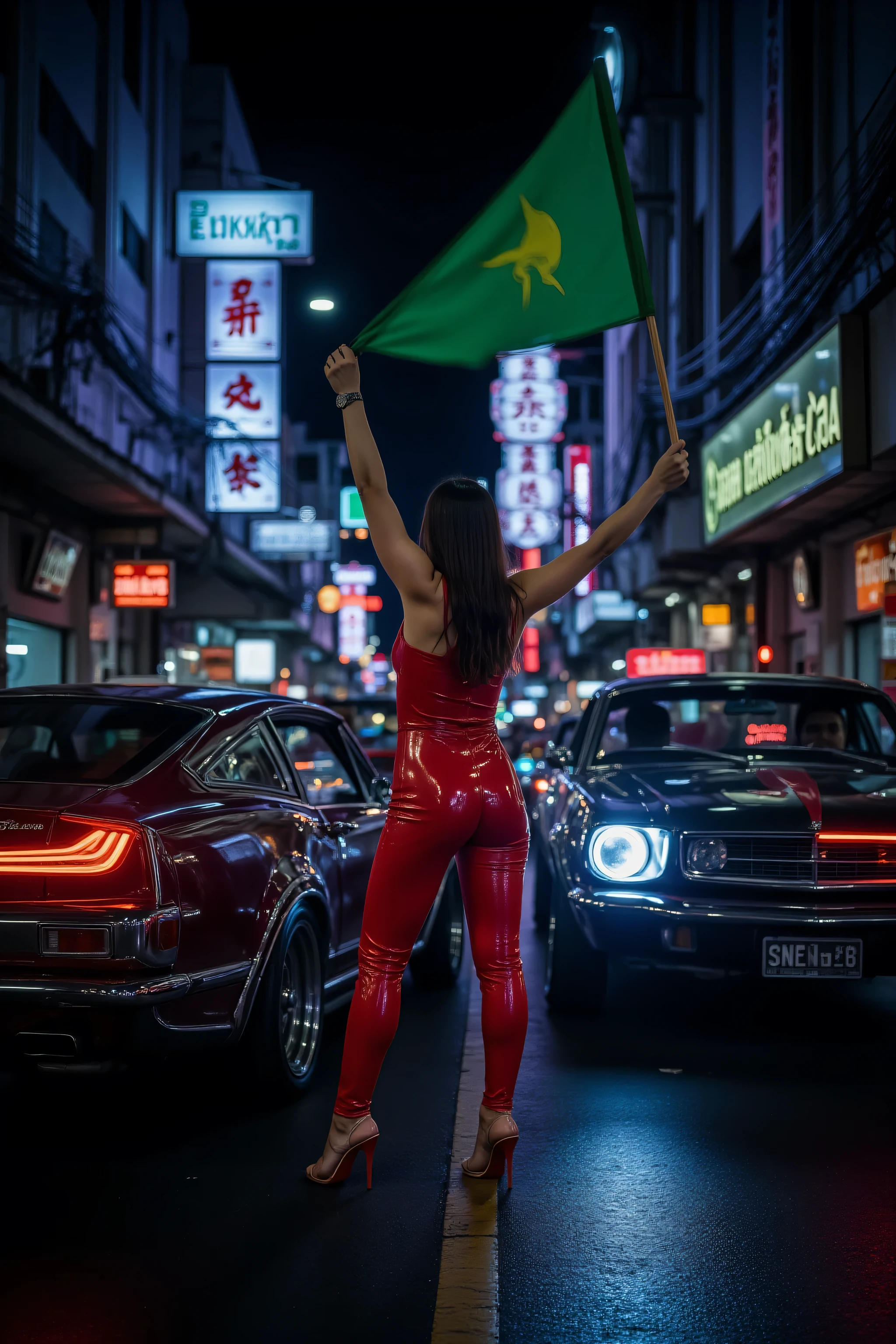 a photograph taken of a scene on Yaowarat street of two neon lit cars racing at midnight, a 28 year old woman wearing a tight red latex suit holds a green flag in her right hand