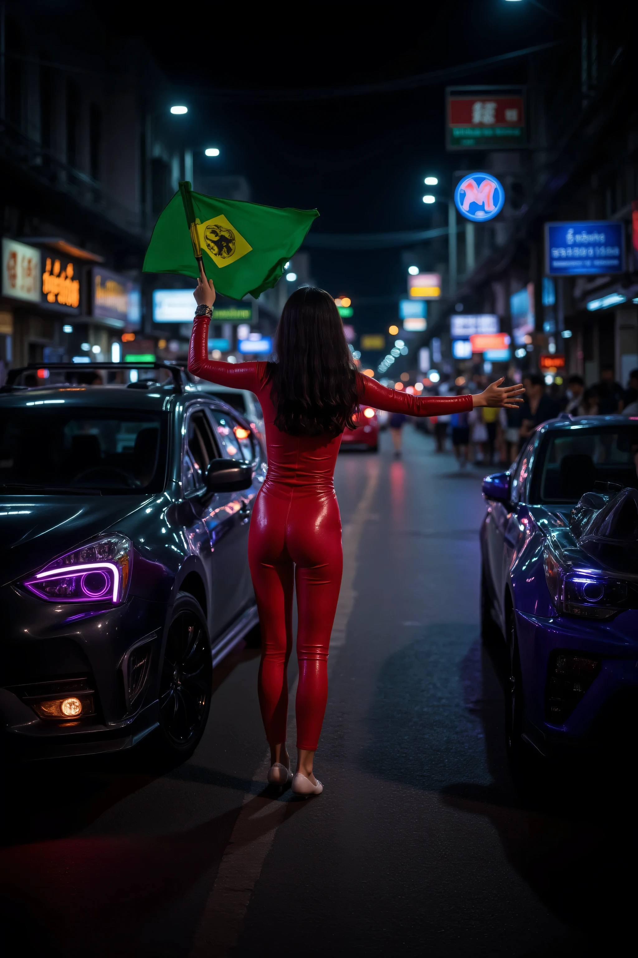a photograph taken of a scene on Yaowarat street of two neon lit cars racing at midnight, a 28 year old woman wearing a tight red latex suit holds a green flag in her right hand