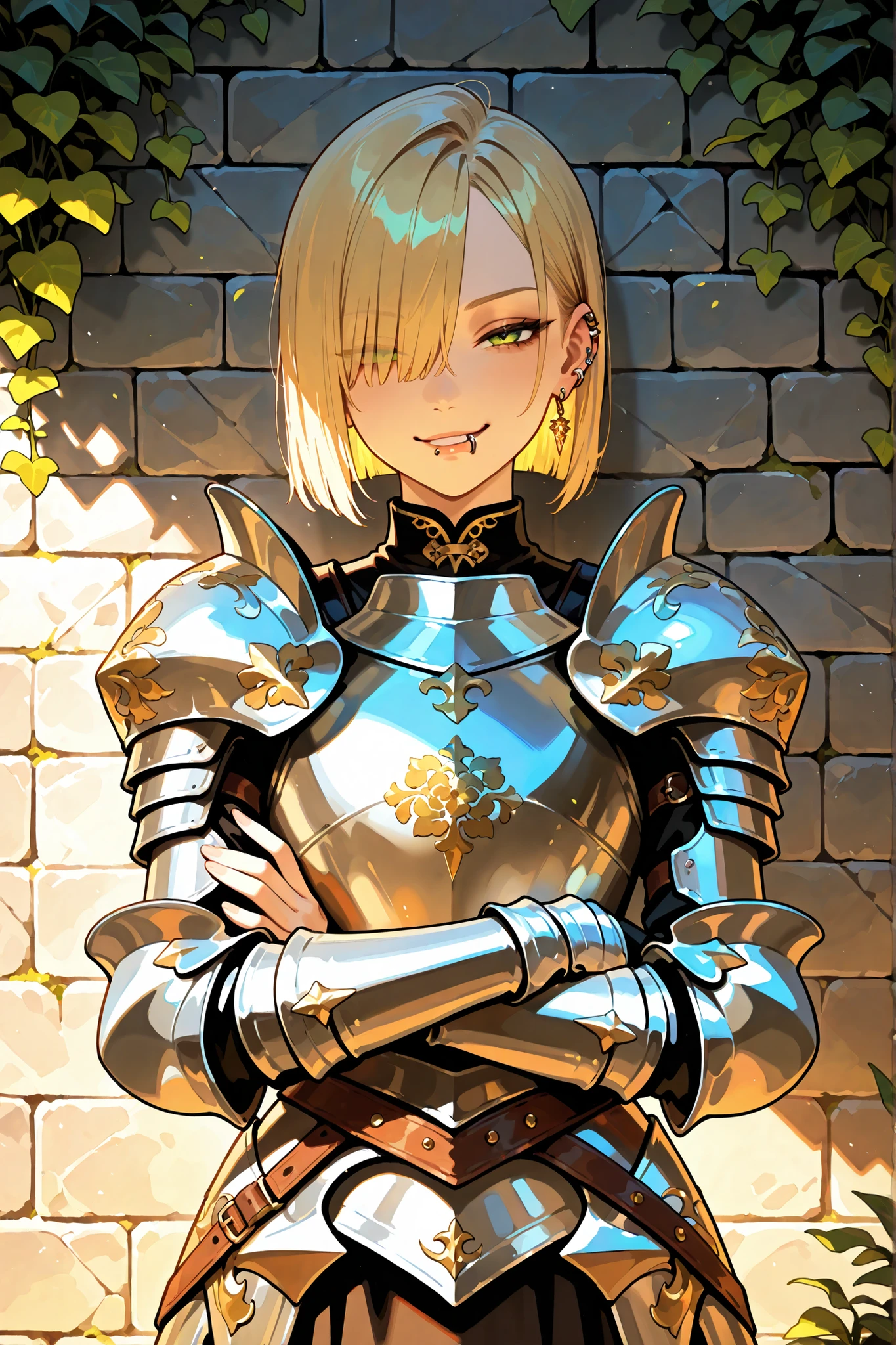 1girl, blonde hair, hair over one eye, short hair, straight hair, green eye, lip ring, lip piercing, golden piercing, golden earrings, earrings all over ear, plate armor, fantasy armor, gold pattern on armor, against the wall, stone brick wall, outdoors, smirk, narrowed eyes, black eyeshadows, looking at viewer, arms crossed, calm, floral pattern on armor, best quality,
