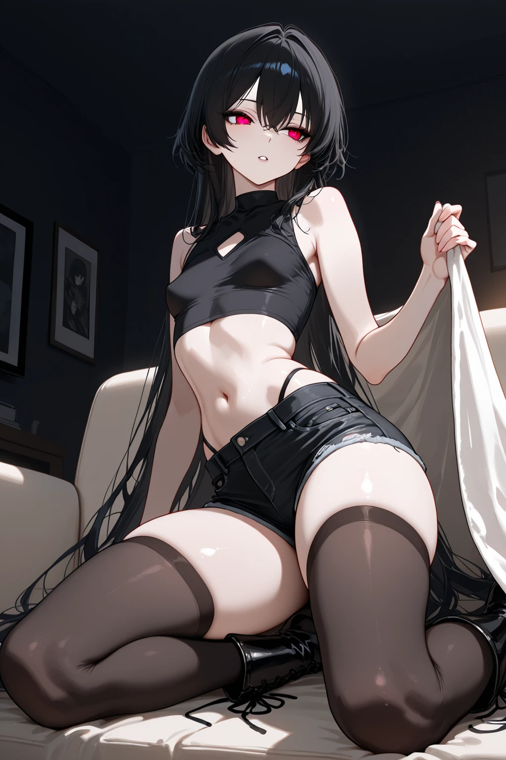 sabrina、Pokémon、Black Hair、Long Hair、((Black Panties))、Photo from below、Medium chest、Jail、One girl、((stockings))、(Long gloves)、(first round)、(Chained)、Topless、((Crucified on a pillar))、Tattoo under the belly button、Constraints