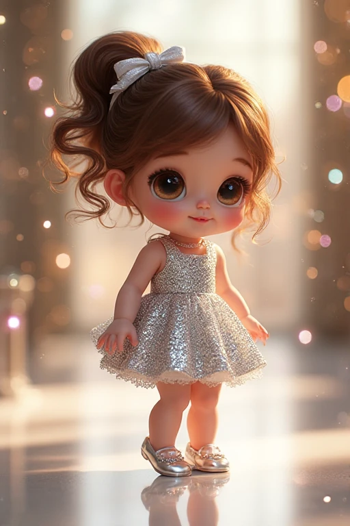 “cute AI baby girl, sparkling eyes, flawless skin, giggling, wavy brown hair with satin bow, silver glitter dress, tiny luxury heels, glossy runway, cinematic soft bokeh, HD 9:16, photorealistic realistic-cute style”
