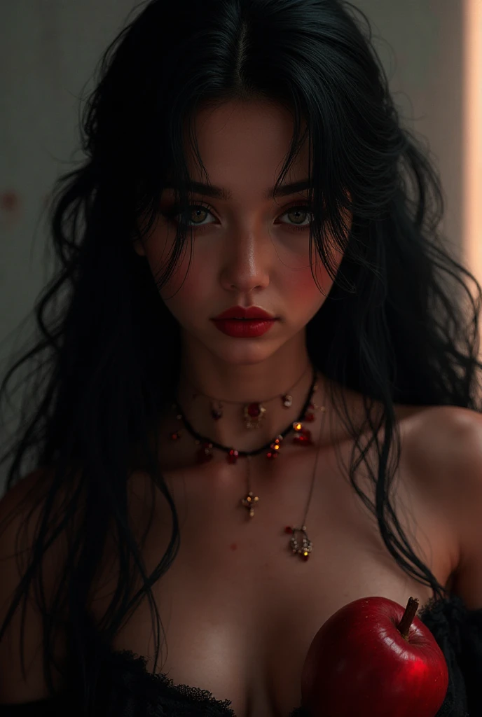 
girl small young,  red pout , longer fangs,  mouth slightly opened ,  Big blue eyes,  long black eyelashes , freckles, Stupsnase, black long hair, two braids braided,  slim,  Taile, sporty , , , small , stiff , Goosebumps , diuffuses Licht, sunset, Facing the viewer , full body, , without bra, without panties, Vampire Castle,   standing at the window , blood-stained mouth,  black made-up eyes, tattoos, 