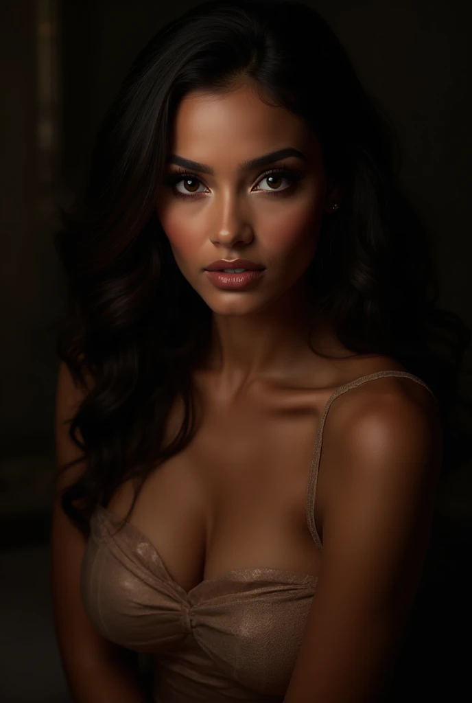 (full body, editorial photograph of a 21 year old woman), araffed woman in a black bra top posing for a picture, violet myers,  with dark complexion, portrait sophie mudd,  lady, young black woman, in a black betch bra, black bra, gorgeous latina face, photo of a black woman, photo of a beautiful woman, black young woman, olive skinned, she has olive brown skin,, (highly detailed face:1.4) (smile:0.7) (background inside dark, moody, private study:1.OV, by lee jeffries, nikon d850, film stock photograph ,4 kodak portra 400 ,camera f1.6 lens ,rich colors ,hyper realistic ,lifelike texture, dramatic lighting , cinestill 800,
