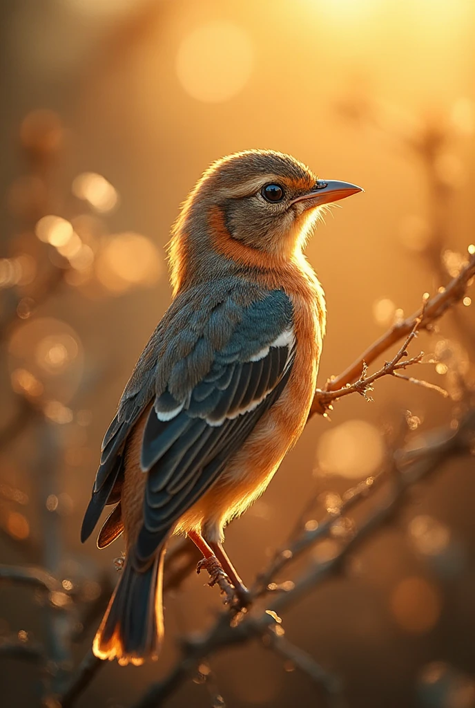 A fascinating close-up of a beautiful little bird, illuminated by the soft golden light of a good morning, with bright bokeh, gently framing her elegant shape.