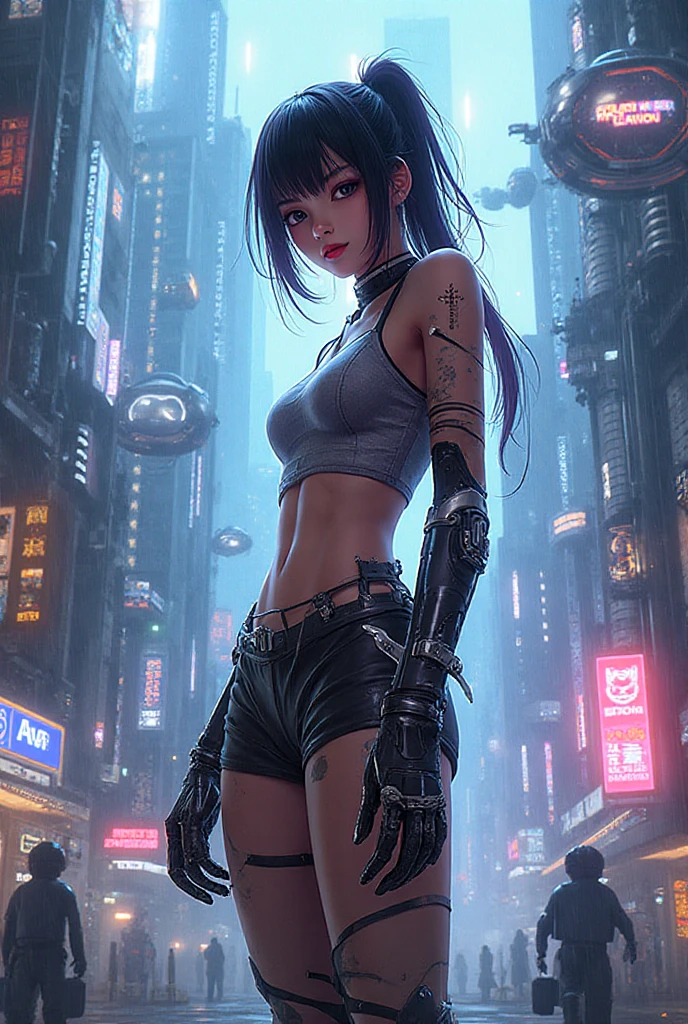 Generate a science-fiction anime character with brown skin, in a cyberpunk environment