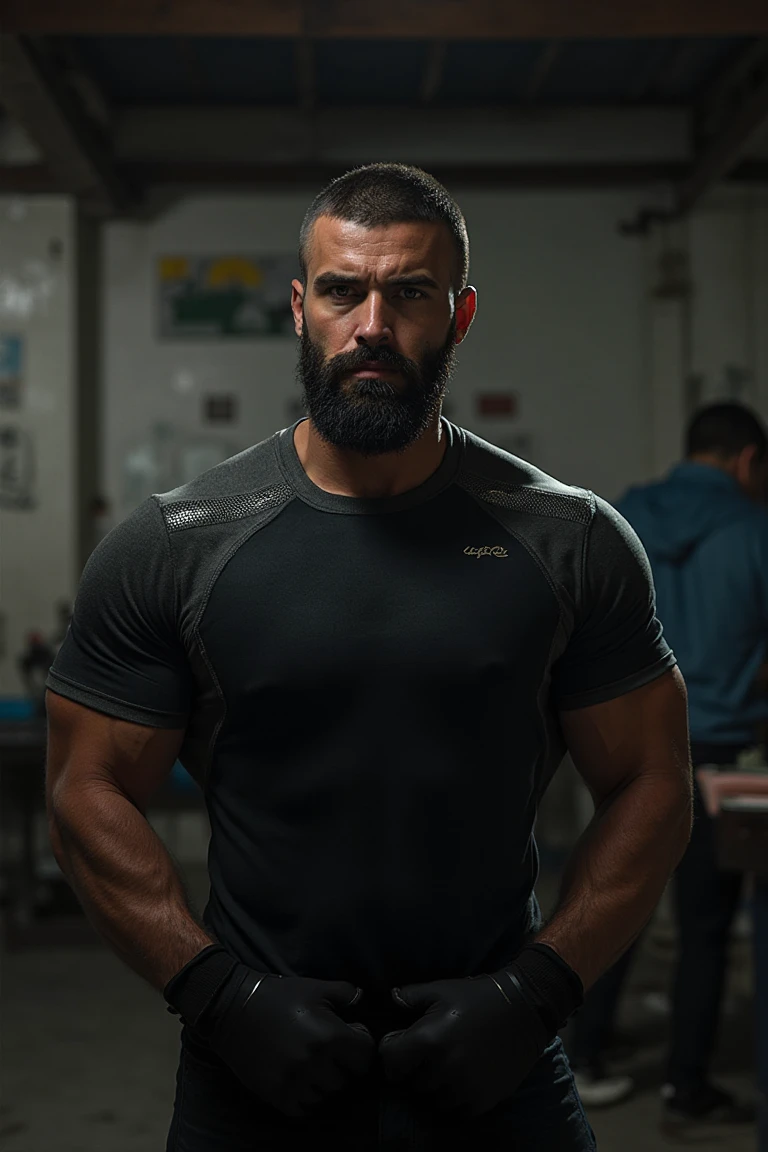 1boy, Mexican, solo,  hair,34 yrs old, twink, male focus,  , pectorals, bara, muscular, mature male, muscular male, abs, beard, ring , short hair, navel, stomach, large pectorals, thick eyebrows,  pectorals, dark-skinned male, , thighs,  under clothes, fancy suit, dark skin, tie, , jacket, grey business suit, pectoral cleavage, cowboy shot, police uniform, feet out of frame, thick thighs, looking at viewer, masterpiece, 4k, high quality, highres, absurdres,