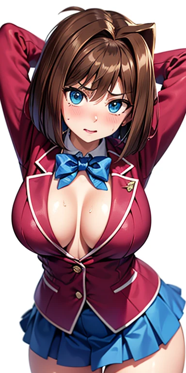 girl,beautiful detailed smile,(big :1.1),(pokemon-themed:pokémon-themed) dress,open-button jacket revealing her ample cleavage,(no bra),(panties:0.9),in a lively Pokemon anime scene,(with pokemons:1.1) playfully scattered throughout the background