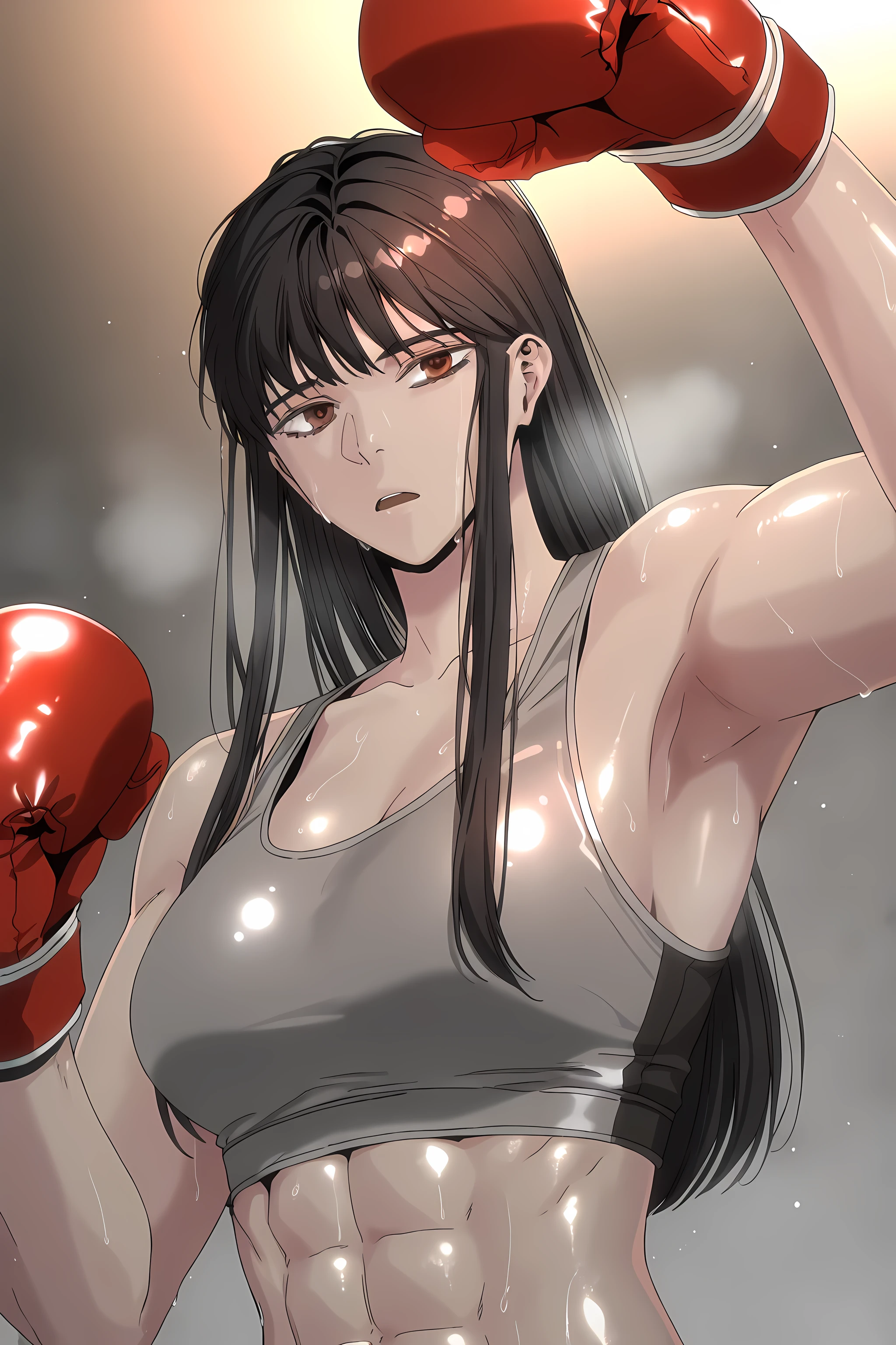 1girl, solo, young mature, ihwa, long hair, red eyes, black hair, ringed eyes, sidelocks, (ringed eyes:0.8), medium , toned female, abs, shiny body, sports bra, boxing gloves, sweating, armpit, open mouth
