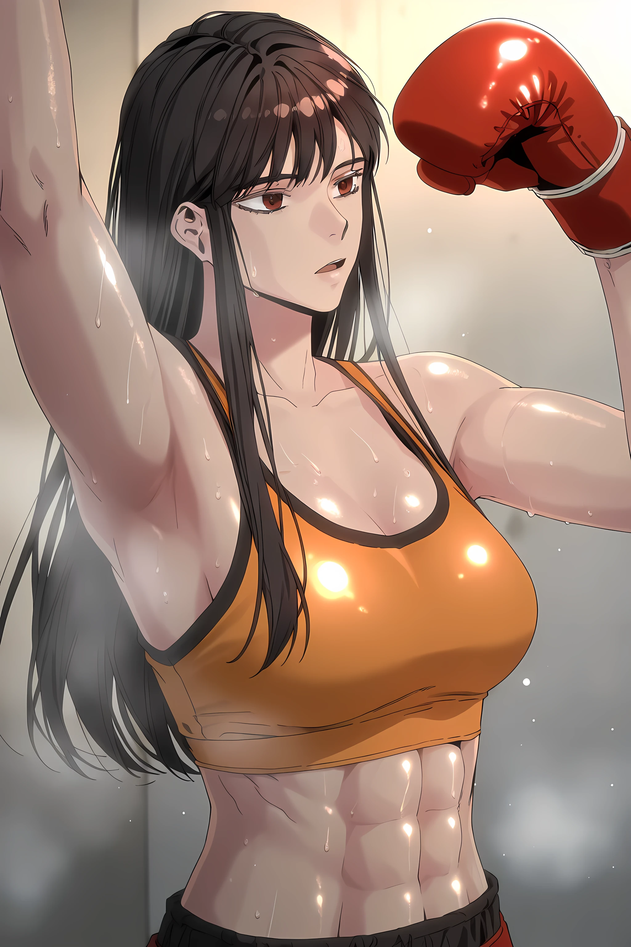1girl, solo, young mature, ihwa, long hair, red eyes, black hair, ringed eyes, sidelocks, (ringed eyes:0.8), medium breast, toned female, abs, shiny body, sports bra, boxing gloves, sweating, armpit, open mouth