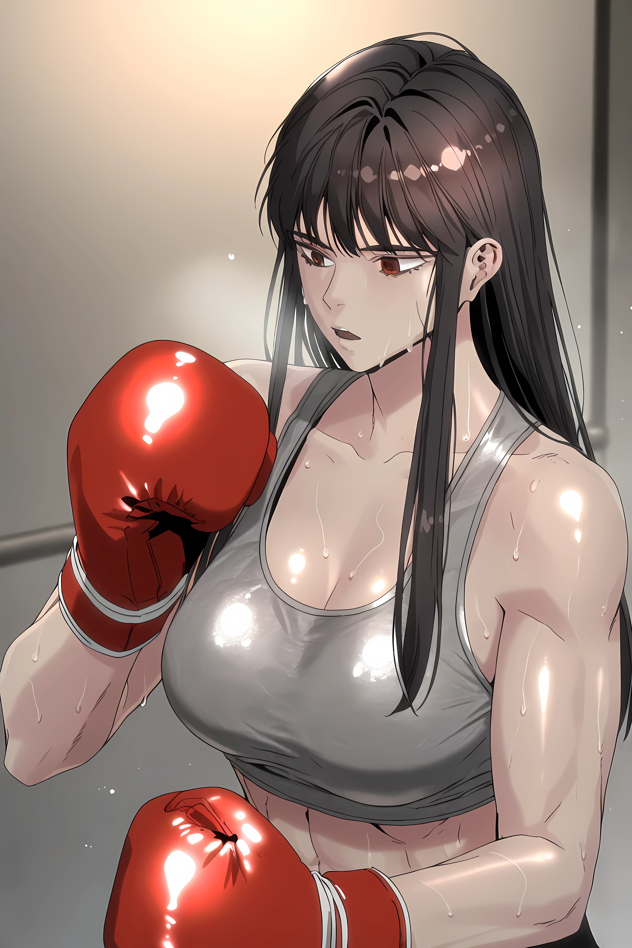 1girl, solo, young mature, ihwa, long hair, red eyes, black hair, ringed eyes, sidelocks, (ringed eyes:0.8), medium breast, toned female, abs, shiny body, sports bra, boxing gloves, sweating, open mouth