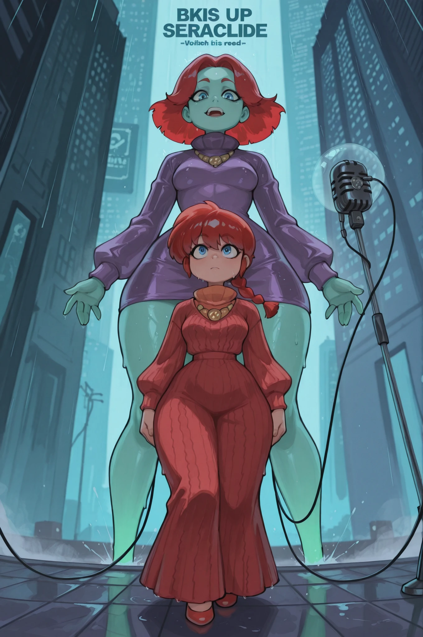 Ranma Saotome. red hair. blue eyes. braid. small breasts. wide hips. necklace. black eyeliner. pink manicure. | The Matrix: Virtual Awakening — a surreal stage in Neo‑New York (25th century, cyberpunk metropolis). At center, a figure stands under a shifting grid of spotlight beams that flicker like corrupted code. They wear a paradoxical ensemble: a voluminous Victorian‑style gown in deep violet satin, overlaid with a worn knitted sweater and a neon‑lit scarf that pulses with data streams.
Scene details:
the stage floor is a translucent hologrid, showing scrolling green digits (Matrix code) beneath the performer’s feet;
behind, a fractured cityscape backdrop — towering skyscrapers with holographic ads, flying vehicles, and rain‑slicked streets;
stage left: a vintage microphone on a stand, its cable dissolving into digital noise;
stage right: a broken mirror reflecting not the performer, but a cascade of binary;
floating in the air — disembodied text fragments («Wake up», «This is not real», «Choose»).
Atmosphere: the uncanny tension between analogue warmth and digital unreality. The performer’s expression is caught between revelation and doubt — one hand touches the satin skirt as if confirming its texture, the other reaches toward a passing stream of green code.
Lighting: cold blue‑green stage lights interwoven with warm amber footlights, creating a duality of real and virtual. Rain effects scatter prismatic glare.
Color palette: electric blues, deep purples, and neon greens, contrasted with the earthy brown of the sweater and the rich violet of the gown.
Style: hyper‑realistic cyberpunk aesthetic, 8K resolution. Crisp textures — silk sheen, wool fibers, holographic glare, wet pavement reflections.
Composition: medium shot from a low angle, emphasizing the performer’s stance between two worlds. Shallow depth of field blurs the city backdrop, while the code streams remain sharp.
PG‑13