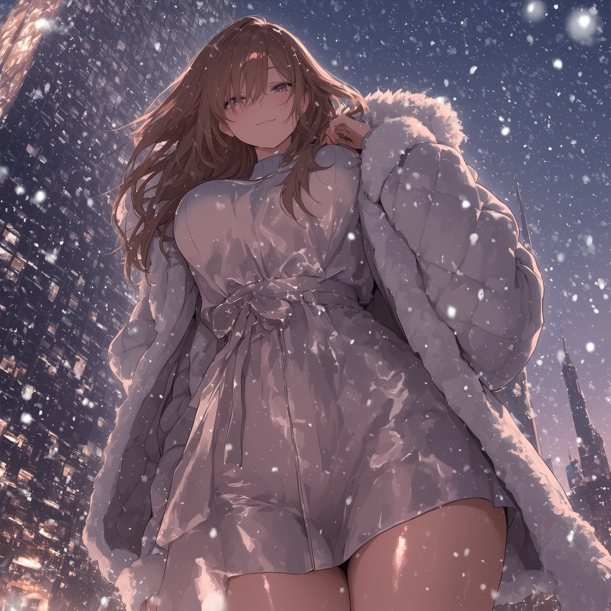 4k,masterpiece, highly detailed, solo, woman, voluptuos body, soft smile, shiny casual winter outfit , snowing twilight city location
