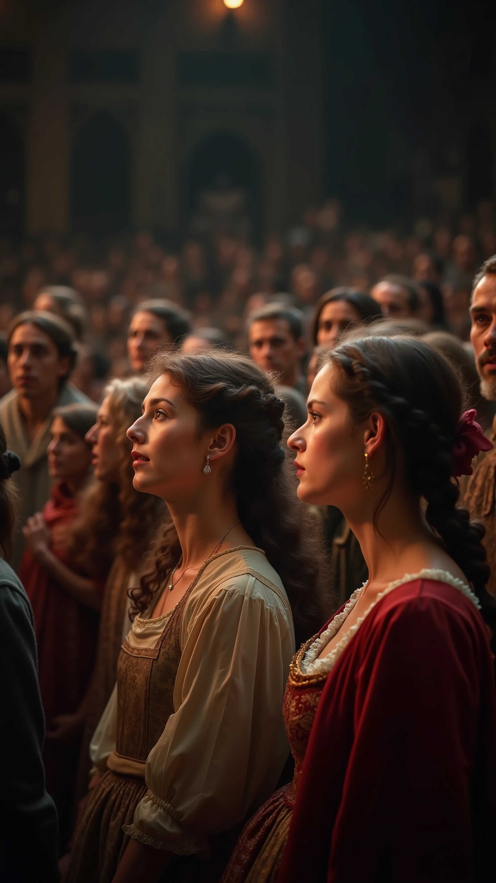 highdefinition picture、At stage practice for Romeo and Juliet, two people are listening to the director's talk on stage with a large cast