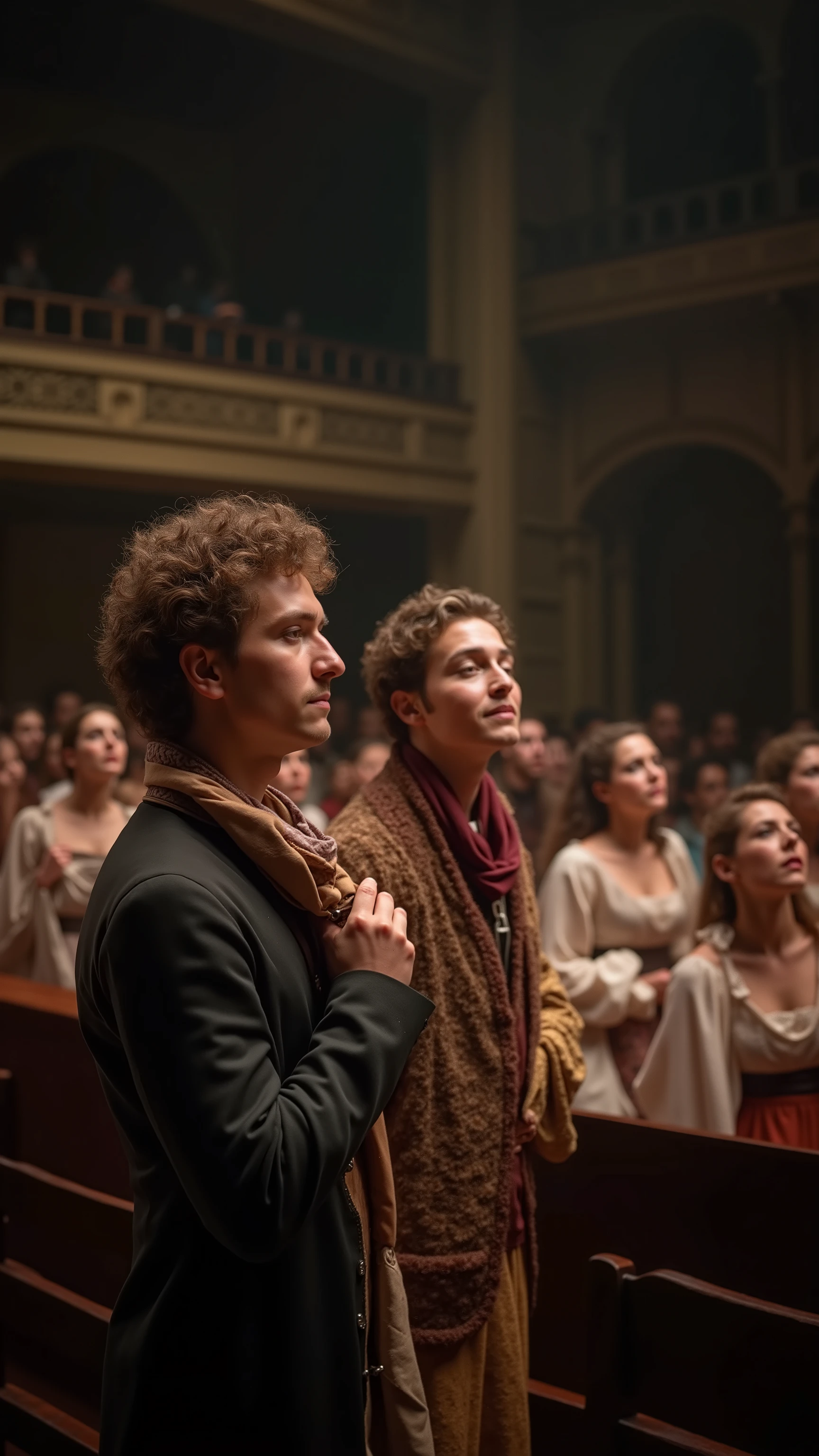 highdefinition picture、At stage practice for Romeo and Juliet, two people are listening to the director's talk on stage with a large cast