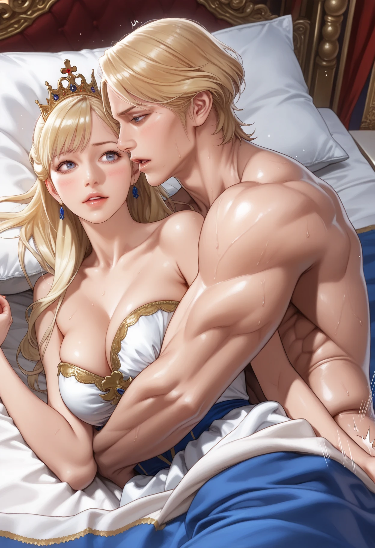 Blushing Cinderella in lingerie from front on bed, Virgin, before first , Beautiful , , a handsome prince with blond hair hugs and caresses Cinderella, Passionate hugs