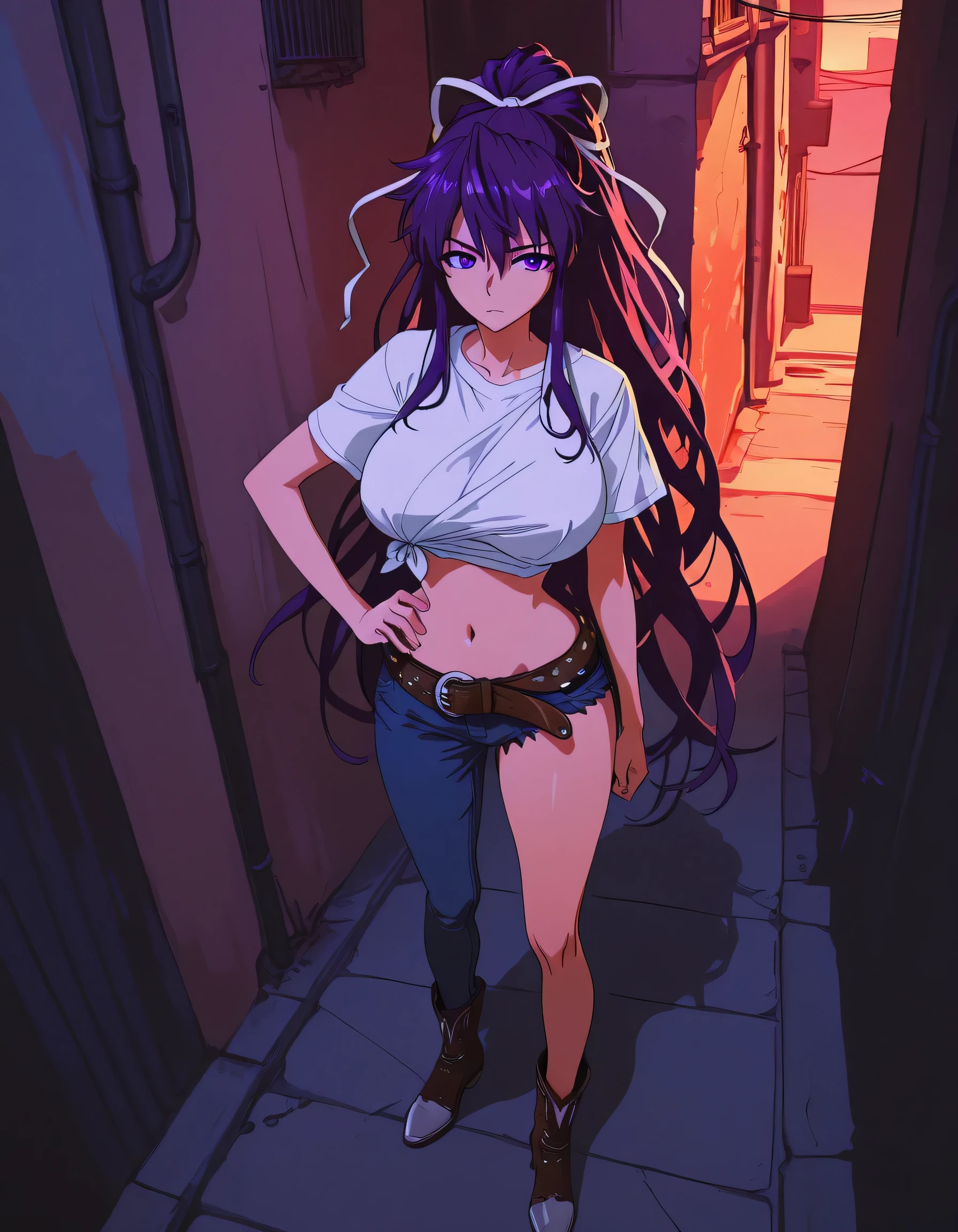 masterpiece masterpiece, ultra-HD, impressionism, high detail, best quality, very aesthetic, 8k, best quality, beautiful, anime coloring , score_9, score_8_up, score_7_up, score_6_up, score_5_up, score_4_up , Kaori Kanzaki , purple eyes , long hair , ribbon , , asymmetrical clothes , short white T-shirt , knot at shirt bottom , ponytail , very long hair , tied shirt , belt , denim , navel , long legs , boots , attractive body , hand on hip , fully body , from above , alley background , sunset