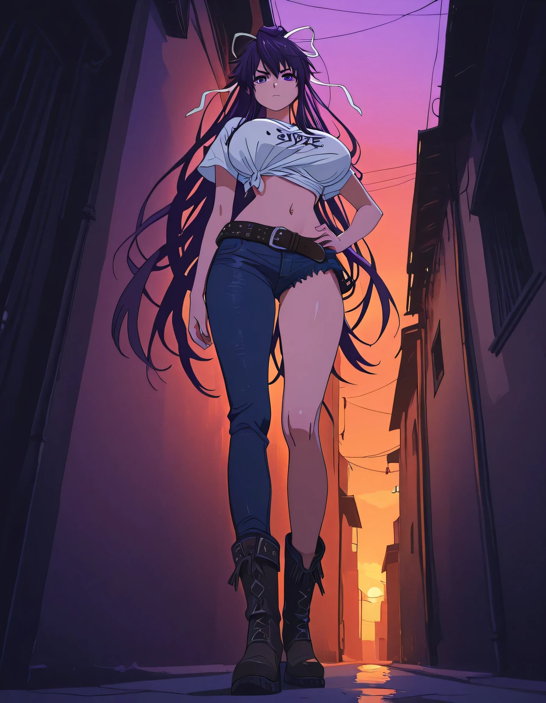 masterpiece masterpiece, ultra-HD, impressionism, high detail, best quality, very aesthetic, 8k, best quality, beautiful, anime coloring , score_9, score_8_up, score_7_up, score_6_up, score_5_up, score_4_up , Kaori Kanzaki , purple eyes , long hair , ribbon , , asymmetrical clothes , short white T-shirt , knot at shirt bottom , ponytail , very long hair , tied shirt , belt , denim , navel , long legs , boots , attractive body , hand on hip , fully body , from below , alley background , sunset