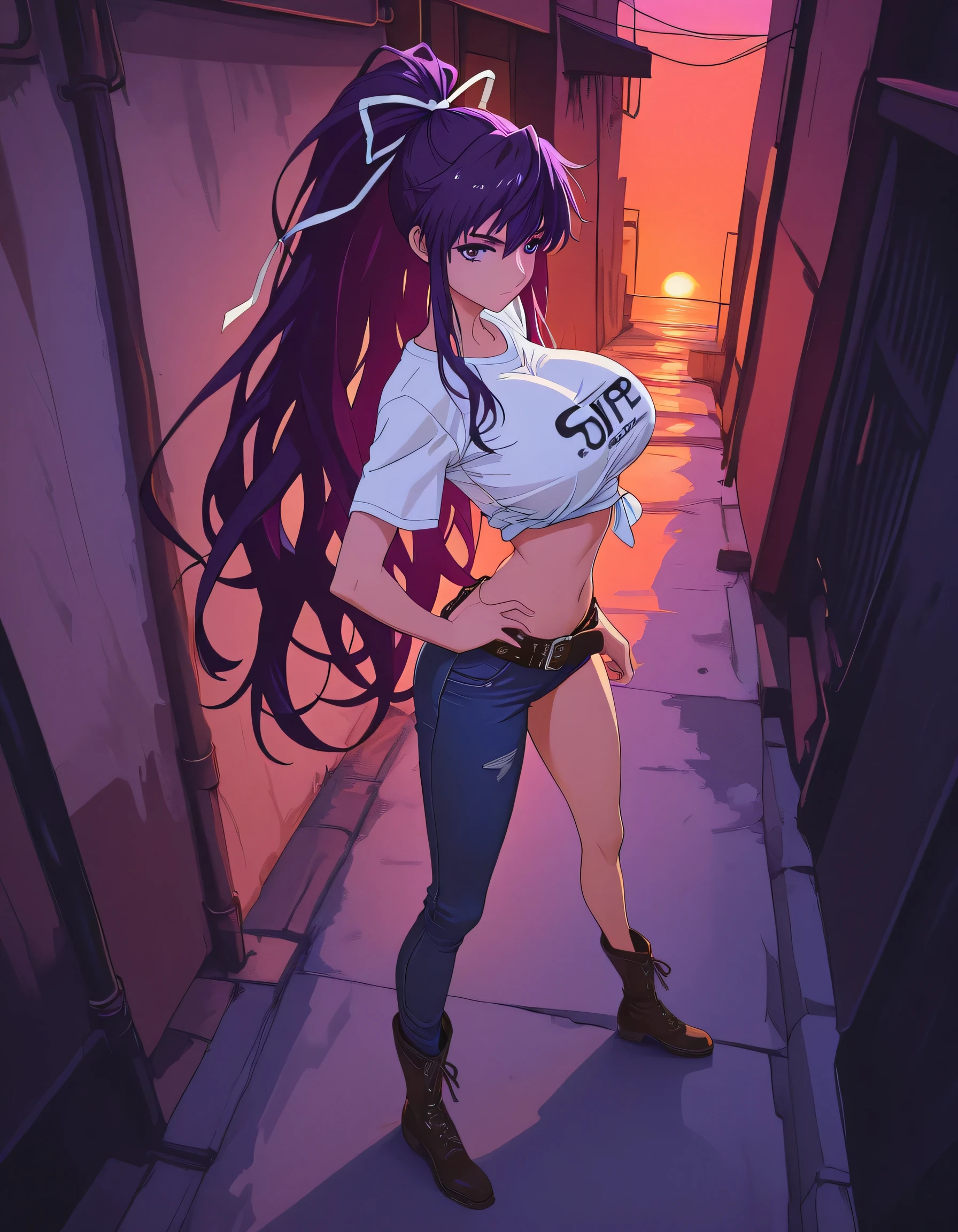 masterpiece masterpiece, ultra-HD, impressionism, high detail, best quality, very aesthetic, 8k, best quality, beautiful, anime coloring , score_9, score_8_up, score_7_up, score_6_up, score_5_up, score_4_up , Kaori Kanzaki , purple eyes , long hair , ribbon , , asymmetrical clothes , short white T-shirt , knot at shirt bottom , ponytail , very long hair , tied shirt , belt , denim , navel , long legs , boots , attractive body , arched back , hand on hip , casual stance , full body , from above , alley background , sunset