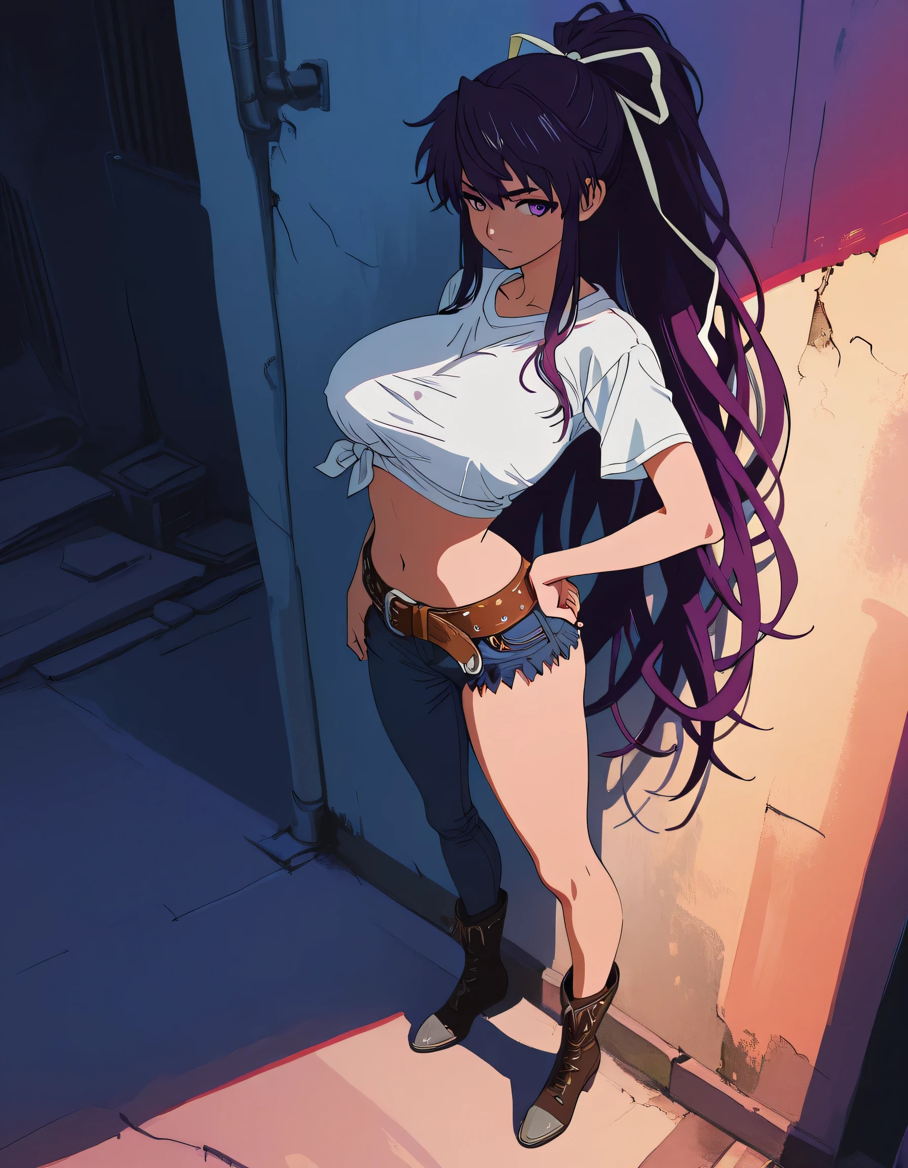 masterpiece masterpiece, ultra-HD, impressionism, high detail, best quality, very aesthetic, 8k, best quality, beautiful, anime coloring , score_9, score_8_up, score_7_up, score_6_up, score_5_up, score_4_up , Kaori Kanzaki , purple eyes , long hair , ribbon ,  , asymmetrical clothes , short white T-shirt , knot at shirt bottom , ponytail , very long hair , tied shirt , belt , denim , navel , long legs , boots , attractive body , arched back , hand on hip , lean the wall , full body , from above , alley background , sunset 